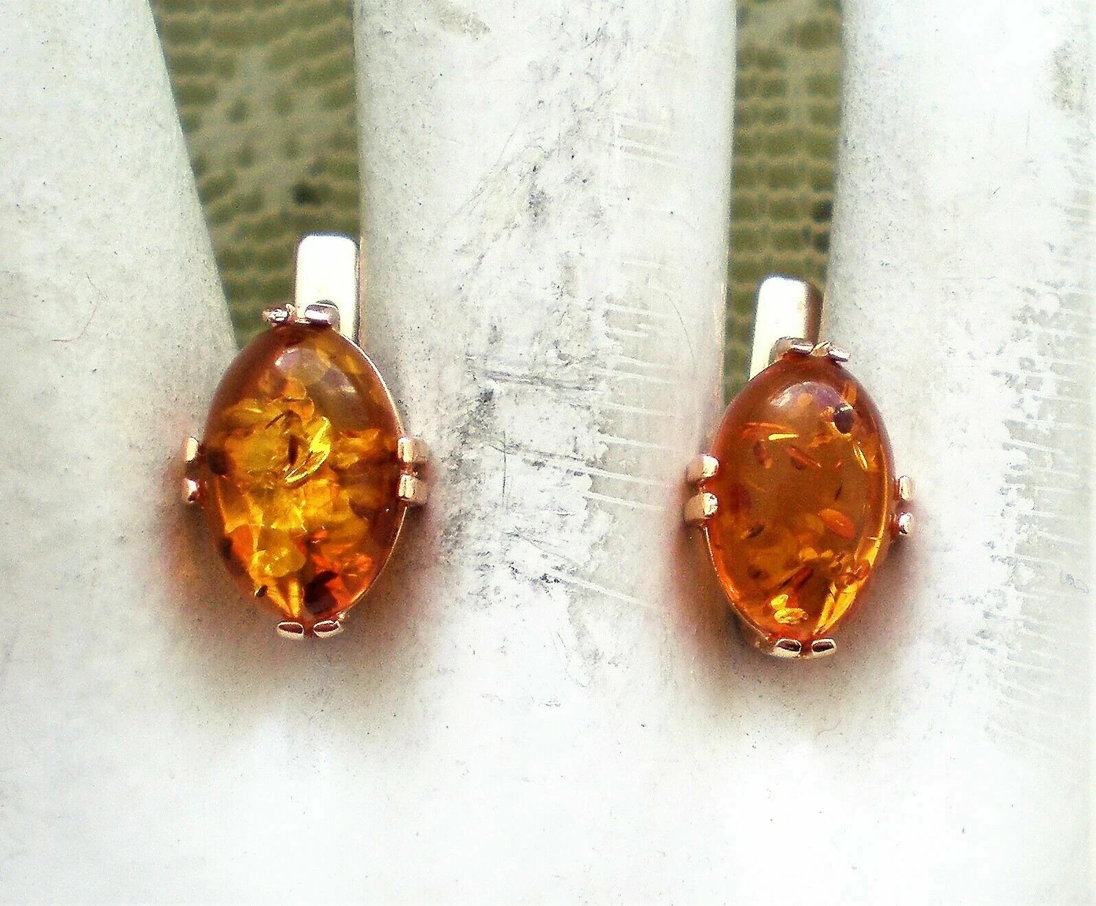 East European Solid 14K 585 Rose Pink Gold Baltic Honey Amber Pierced Earrings