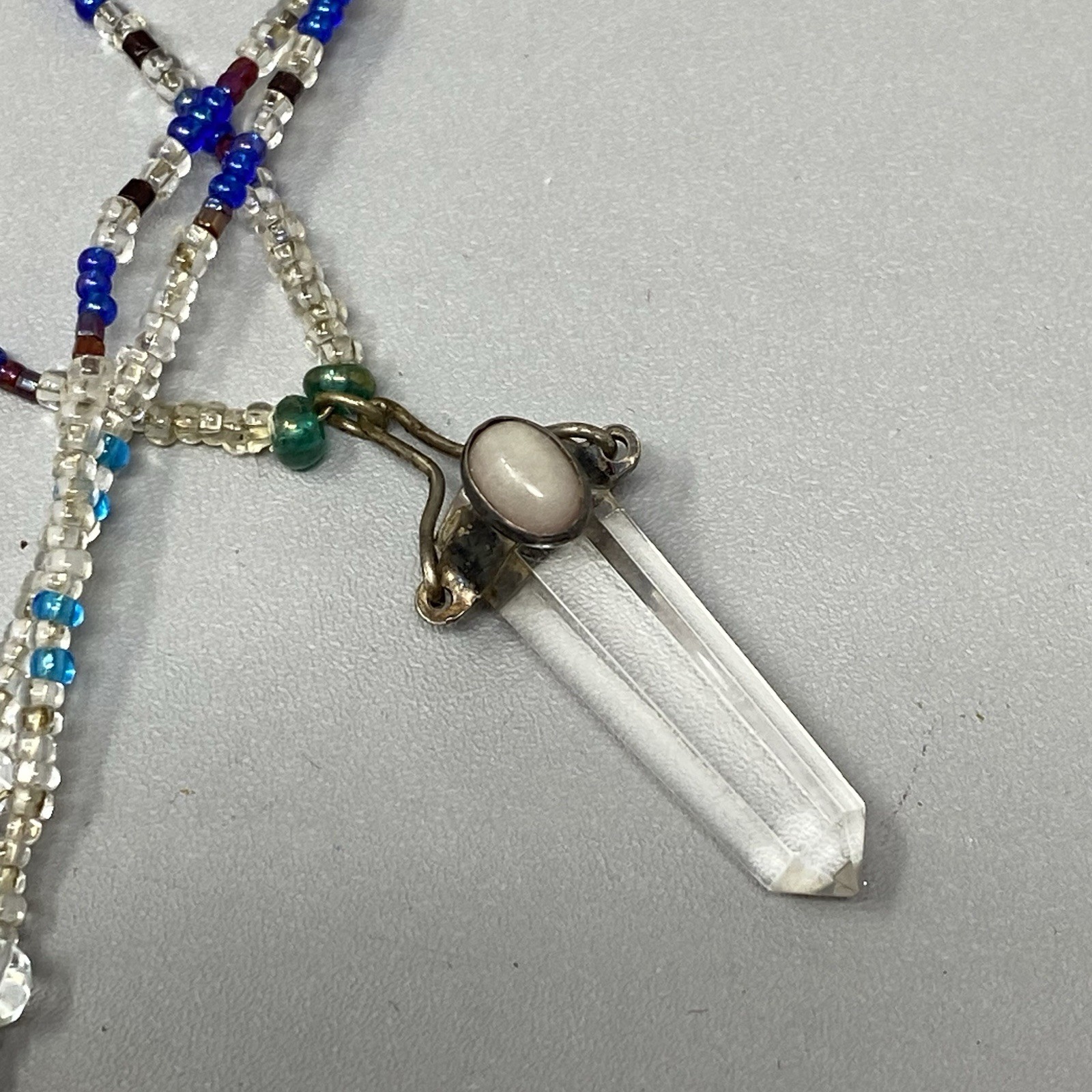 Crystal Rock Quartz Pendant Necklace Amulet Gemstone Blue Clear Seed Bead Chakra