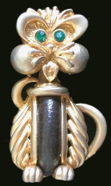 Vintage Signed ORENA PARIS Leather Inset CAT Figural Pin/Brooch,fjt