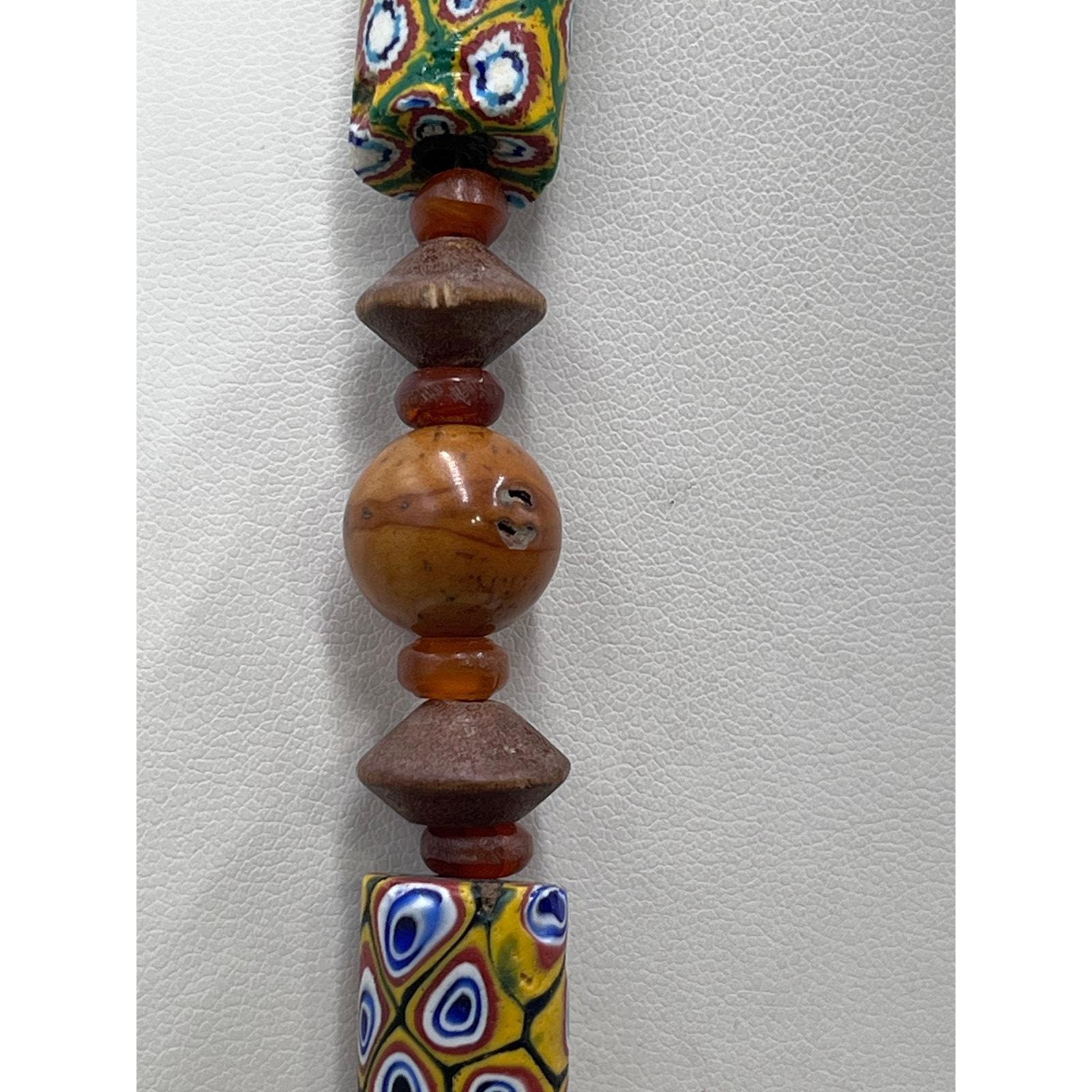 Antique Sterling Millefiori African Trade Bead Amber Resin Bakelite Necklace