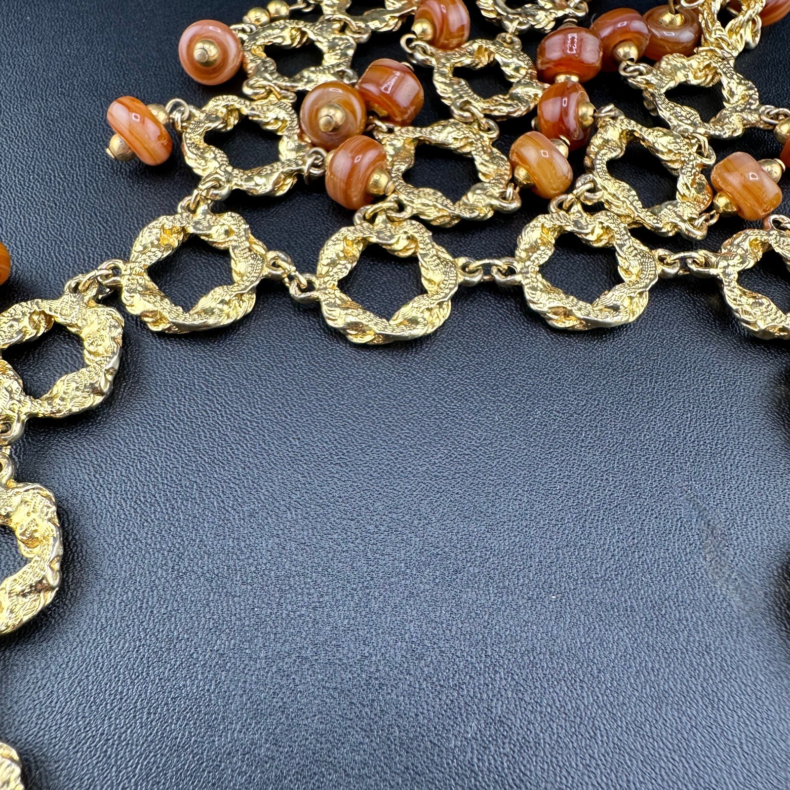 Vintage Statement Necklace Bib Fringe Hammered Gold Tone Link Agate Bead Dangles