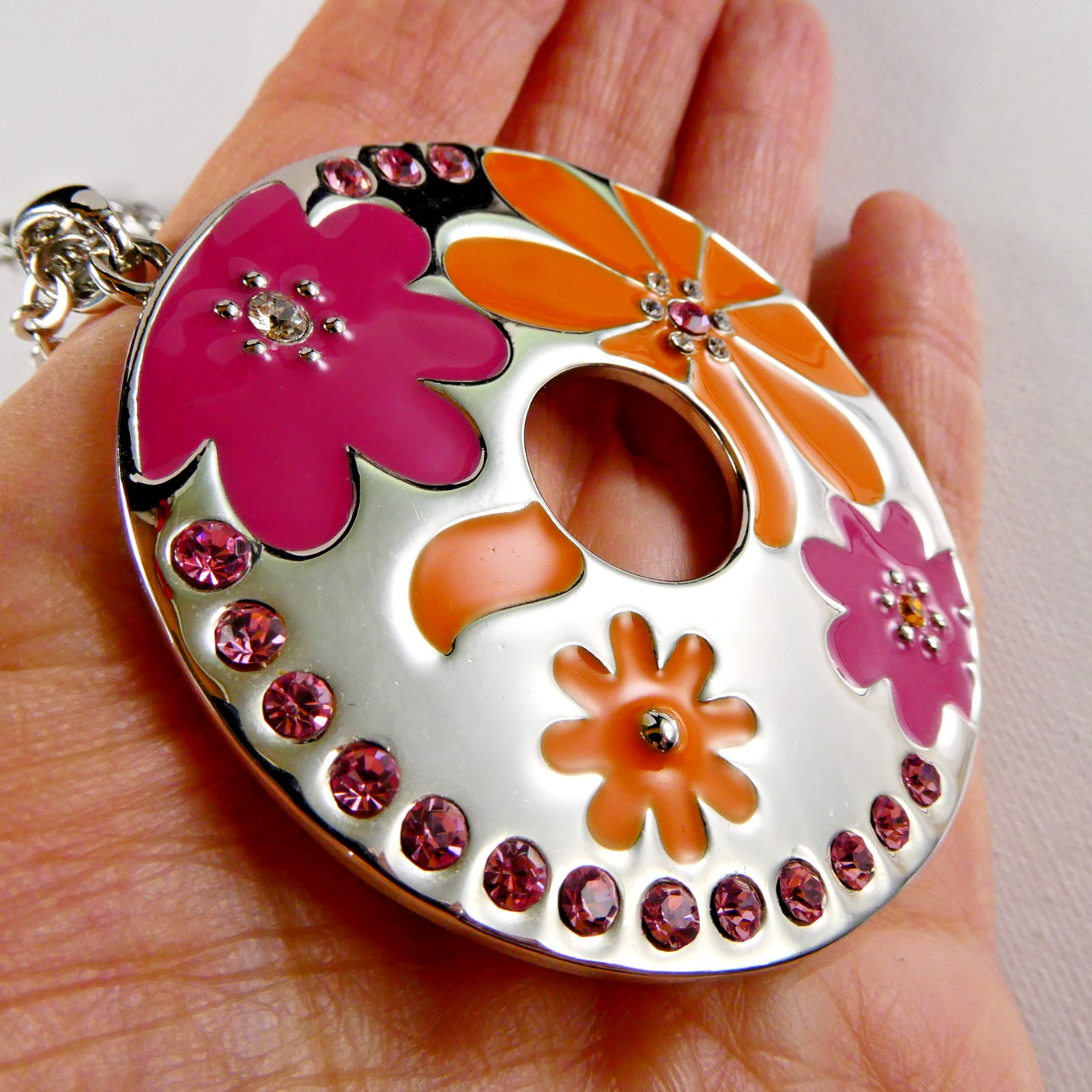 Lia Sophia Enamel Flower Pendant Retro Style Flower Power Silver Tone Necklace