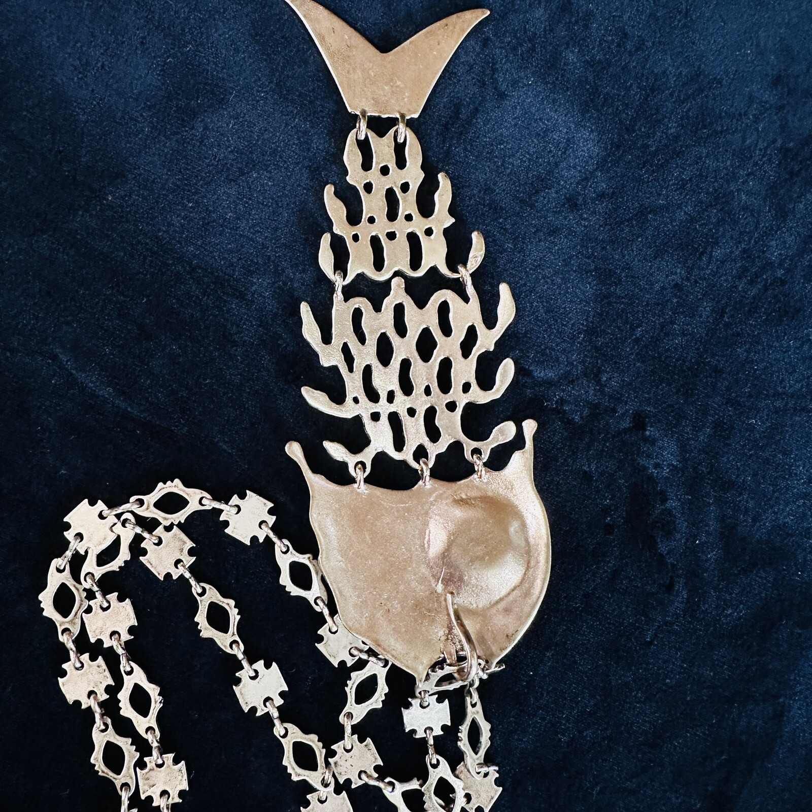 Vintage Bohemian Articulated Fish Pendant Heavy Link Chain. Gypsy Hand Made