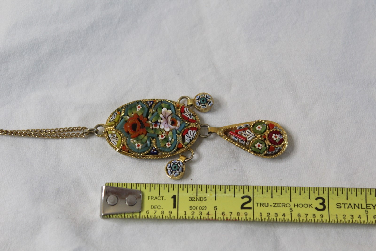 Pendant Necklace Stamped Italy Intricate Multi-Color Stone Shell Inlay Vintage