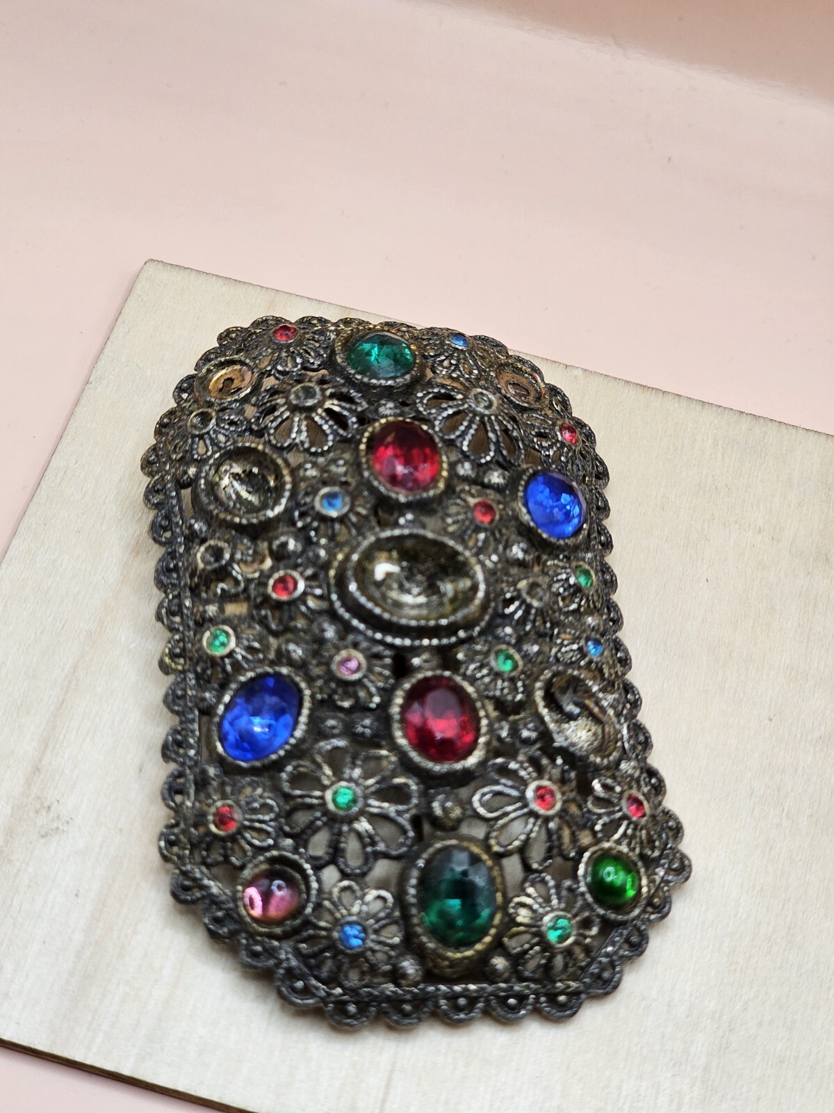 New England Glass Works Brooch Pin Floral Design Faceted Stones Vtg 1940s
