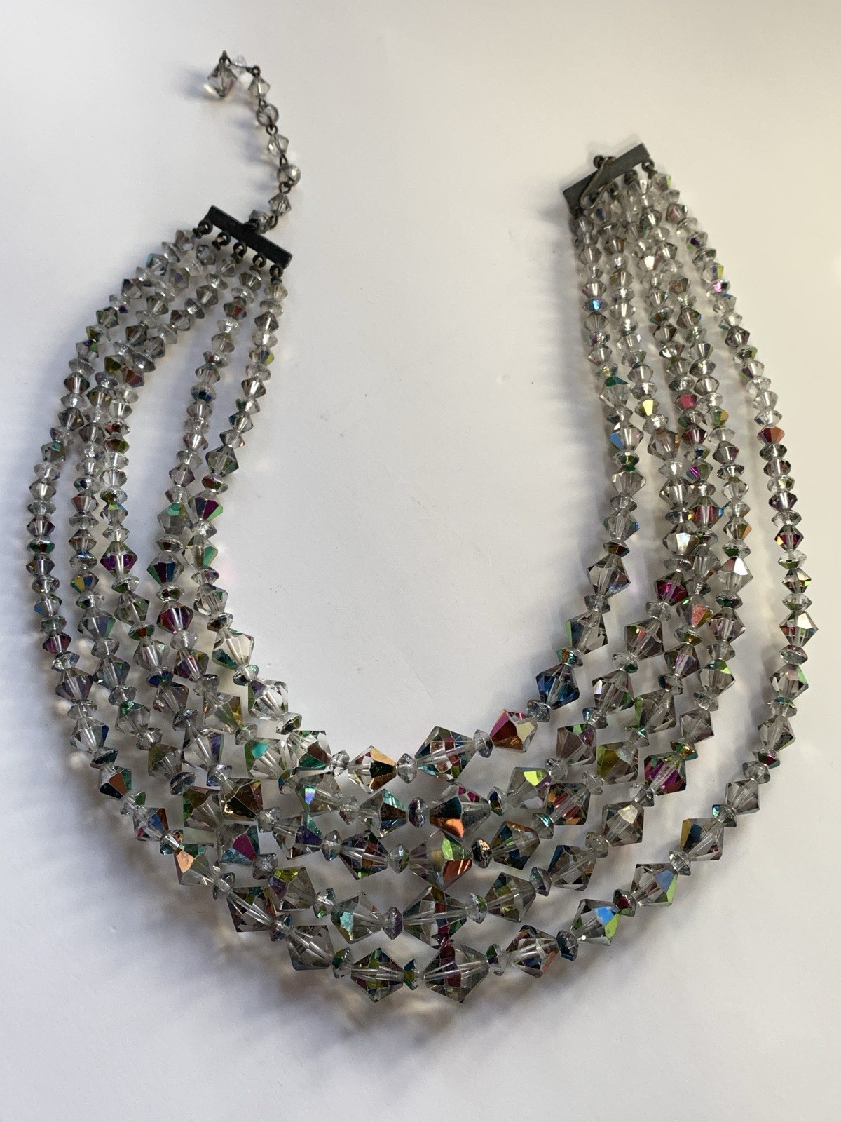 Aurora Borealis Multi Strand Collar Necklace Glass Beaded Bicone AB Silver Vtg