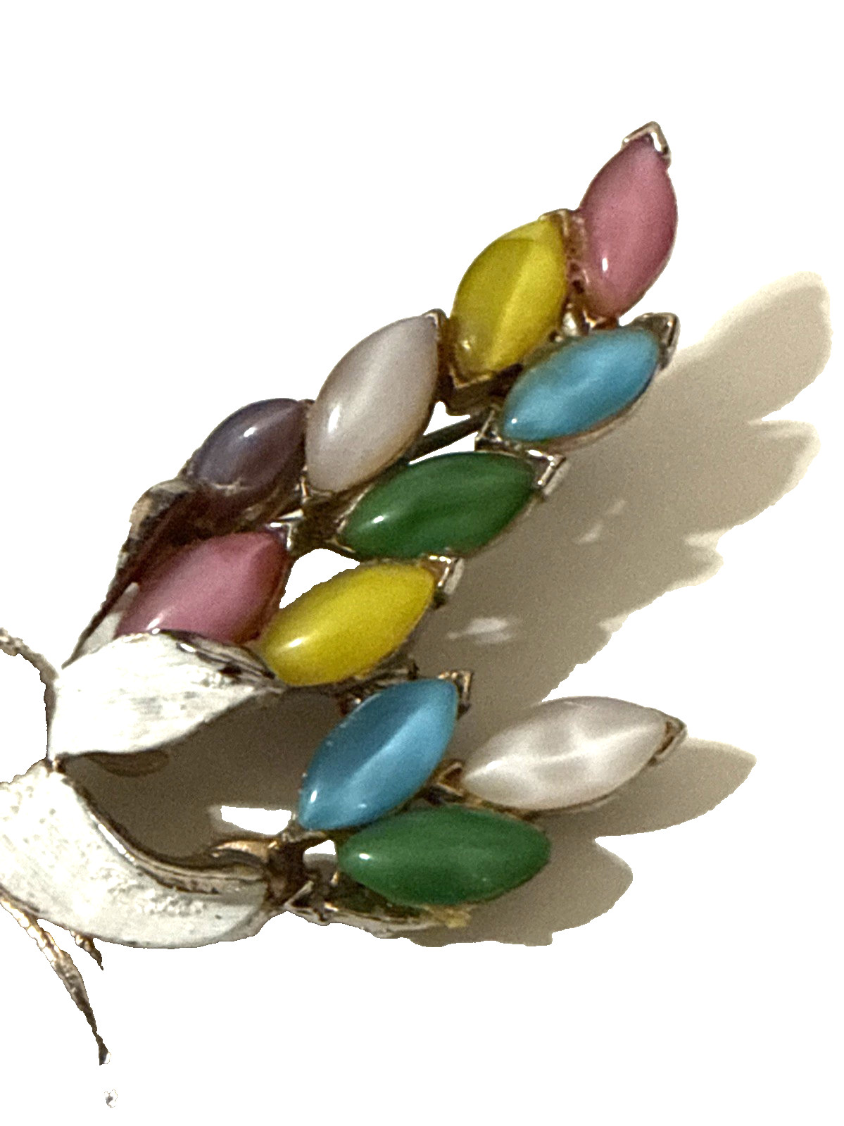 Vintage Floral Brooch Purple Pink Blue Yellow Cabochon White Enamel Pin 2.5″
