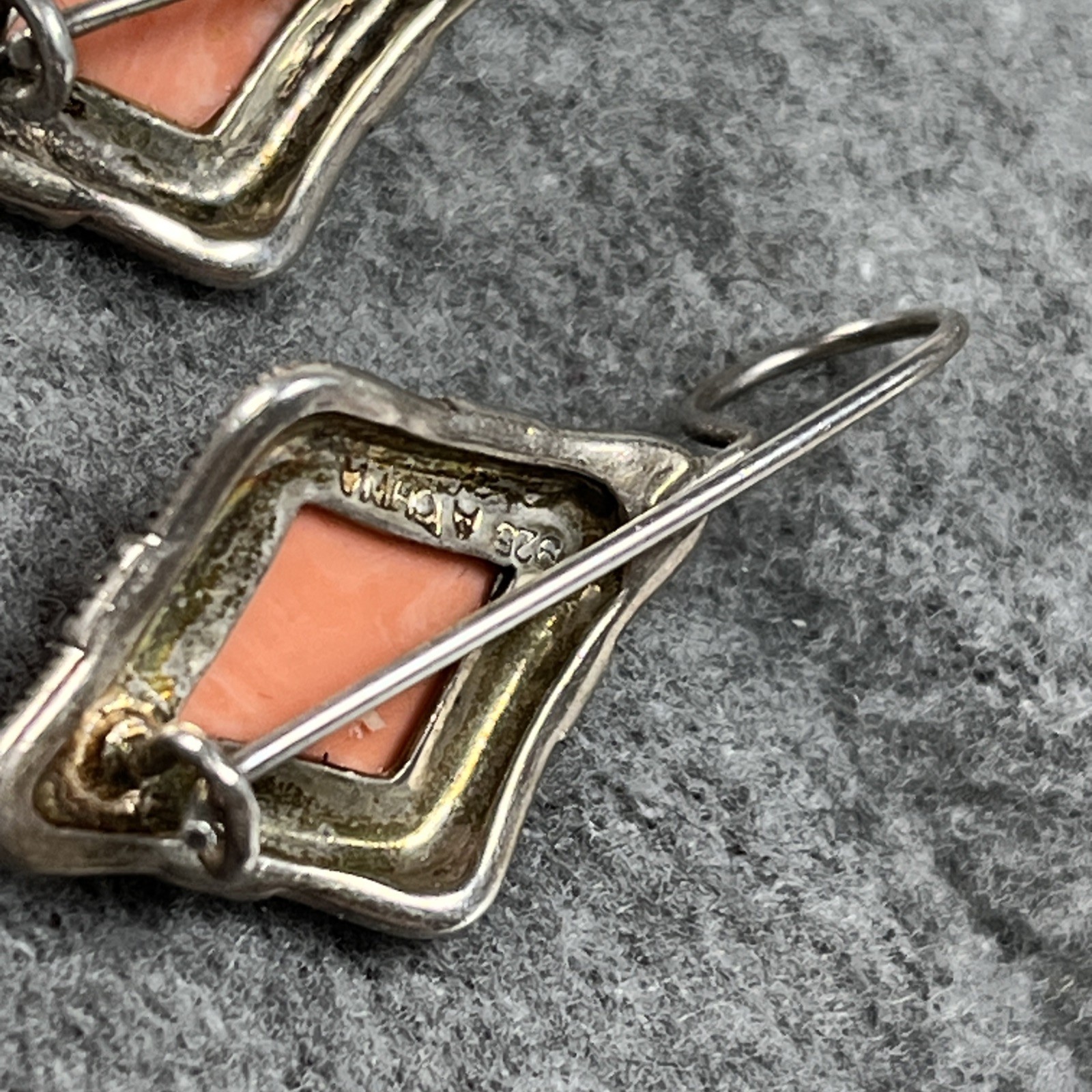 A 925 Vintage Sterling Silver 925 Marcasite Faux Coral Dangle Earrings 6.9g