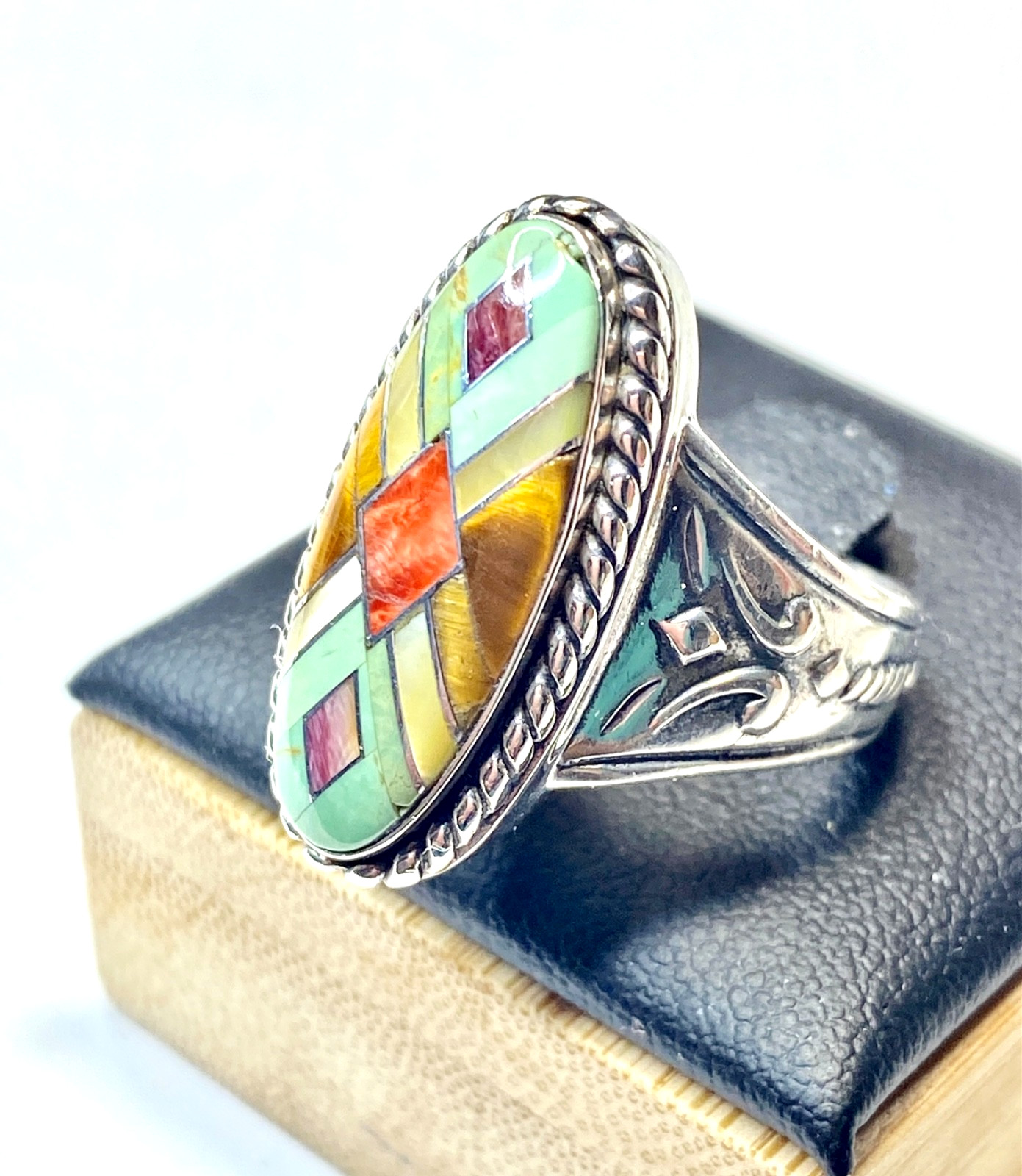Vintage Carolyn Pollack Relios Sterling Silver Multi-gem inlay Ring Size 8 1/4