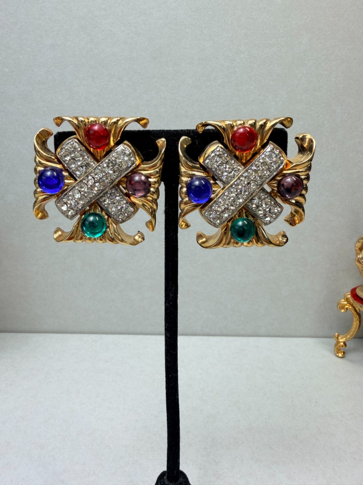 Vintage 80s Multicolor Gripoix Rhinestone X Clip On Earrings Statement