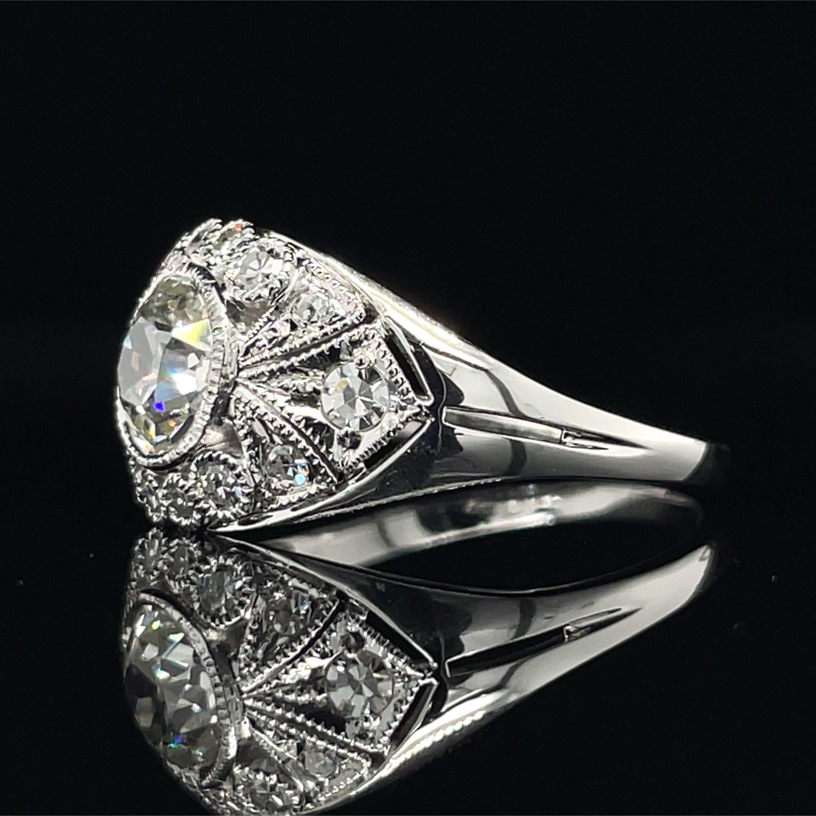 Vintage 1.00 Ctw Old European Cut Bezel Set Diamond Ring 14K White Gold