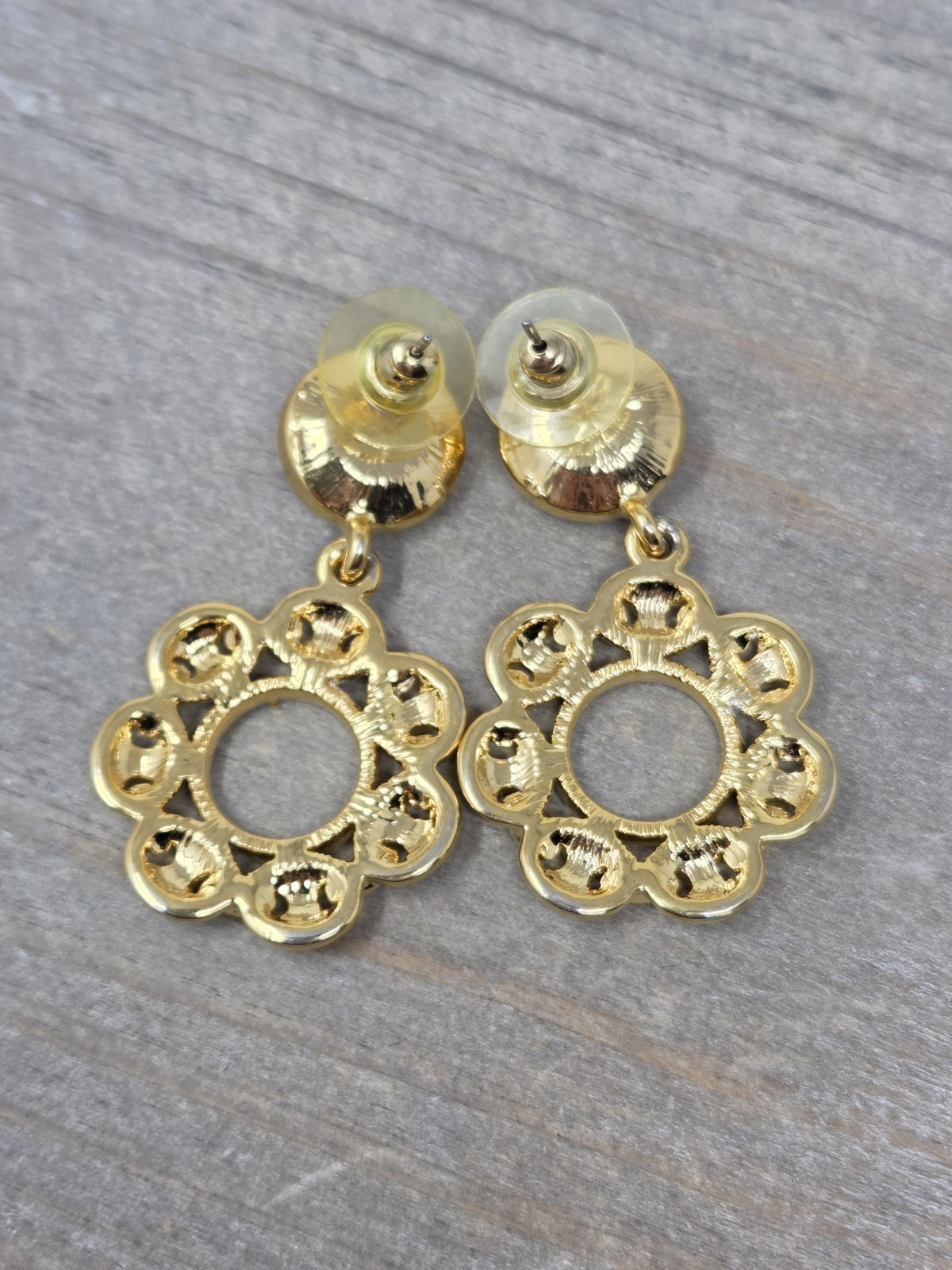 Gold Tone & Pink Acrylic Rhinestone Dangle Drop Hoop Earrings Vintage 1.7 Inches