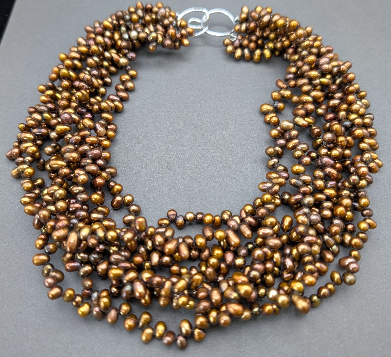 Multi Strand Bronze Freshwater Pearl Torsade Necklace 925 Silver