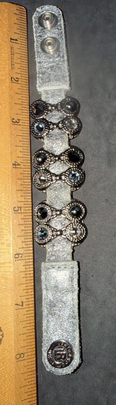 Vtg Leatherock USA Light-Grey Leather Band Bracelet Rhinestone Embellished Boho
