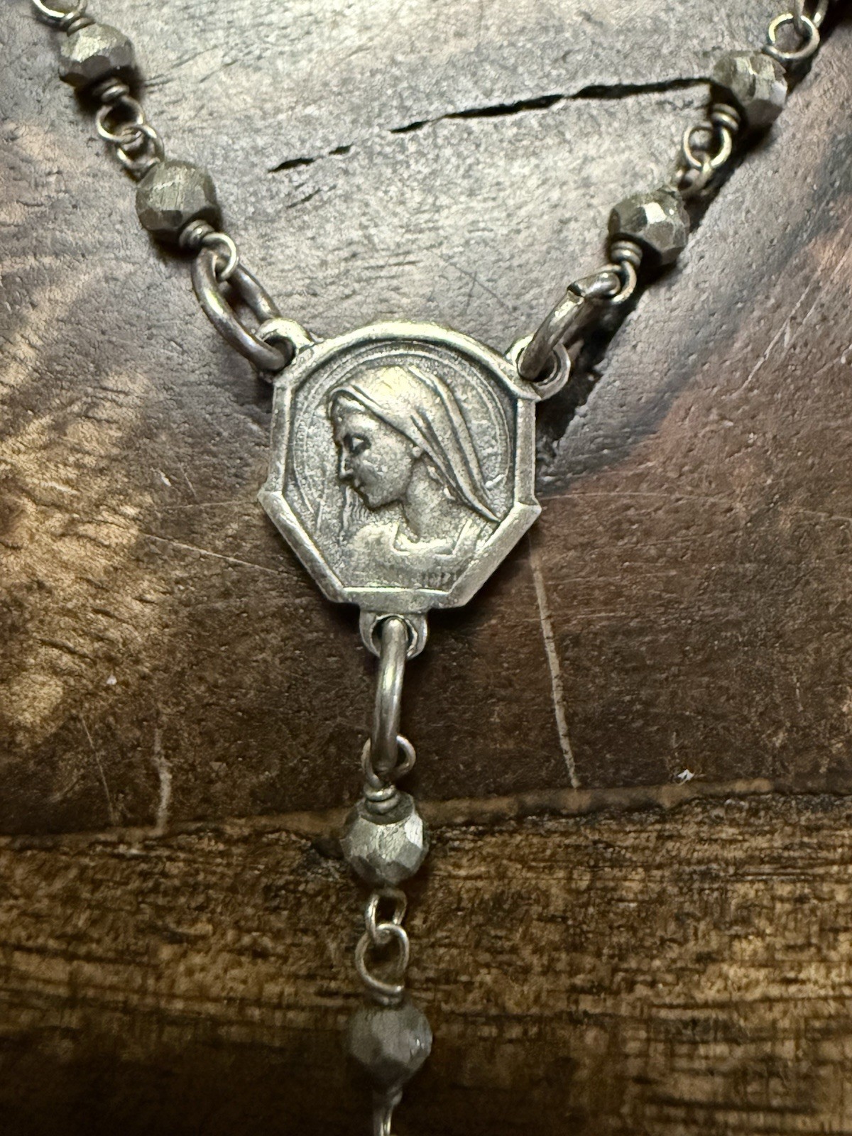 Vintage Silver Rosary Necklace with Long Flat Links and Metal Beads, Reversible