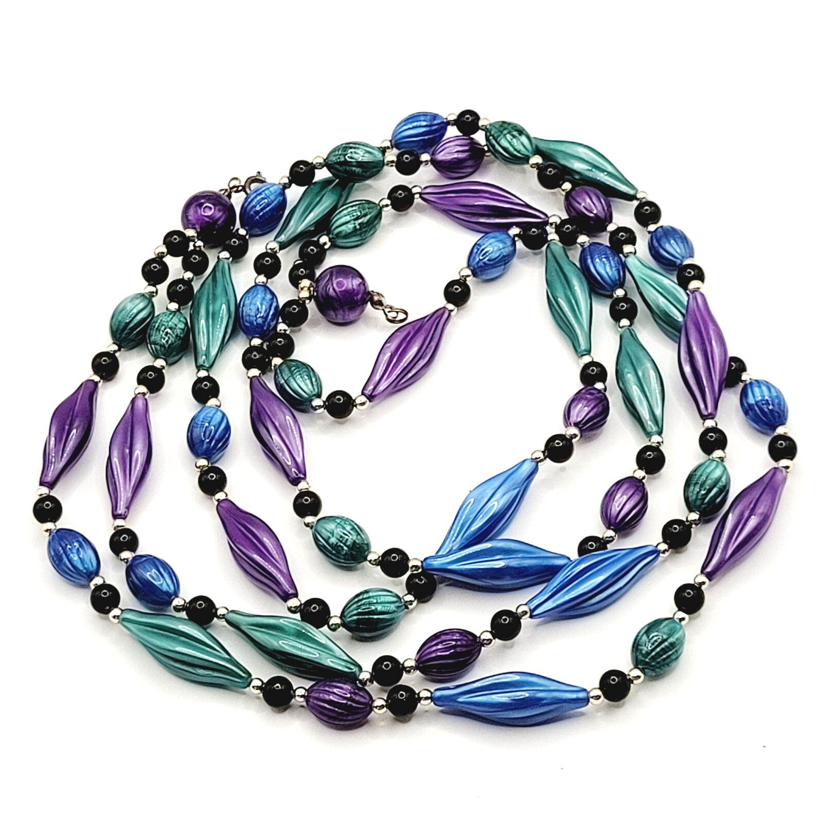 Peacock Colors Purple & Blues Gold Tone Acrylic Lucite Beaded Vintage Necklace