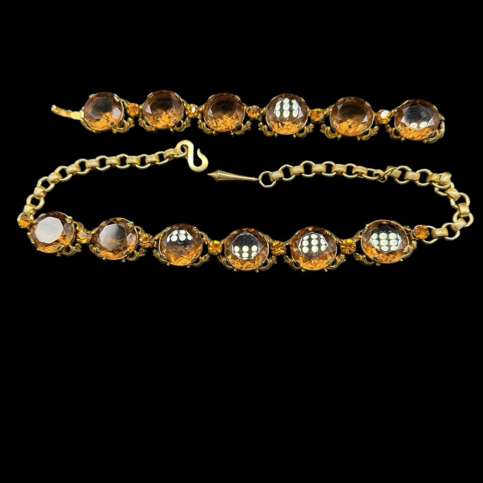 Riviere Statement Necklace & Bracelet Set Smokey Topaz Glass Collet Vintage