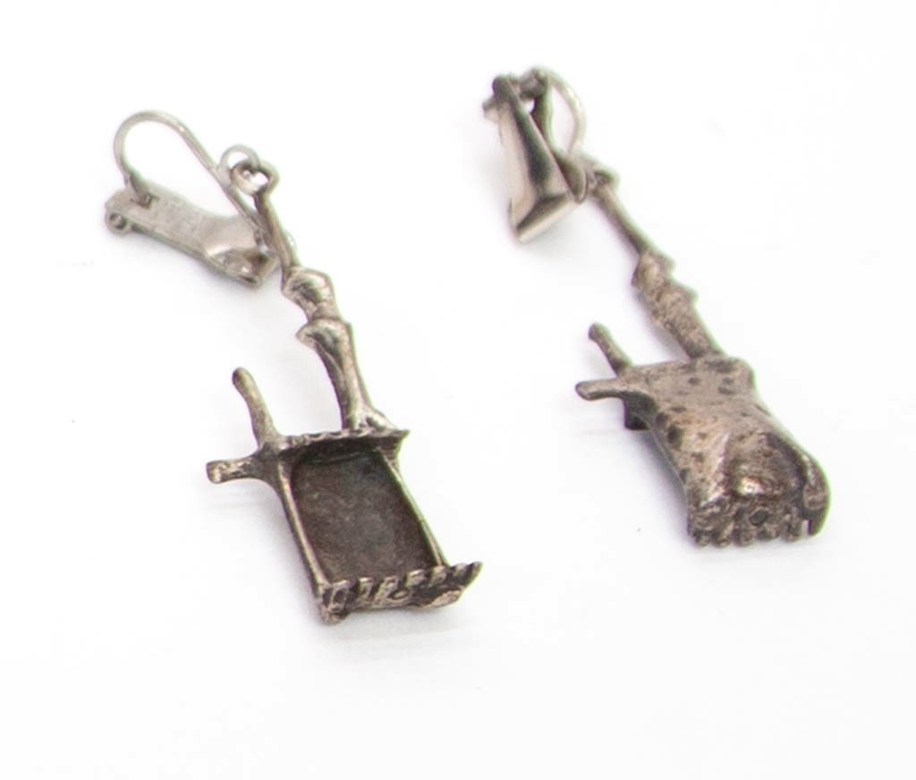 Antique Sterling Silver Coal Miner Wheelbarrow Artisan Clip-On Earrings
