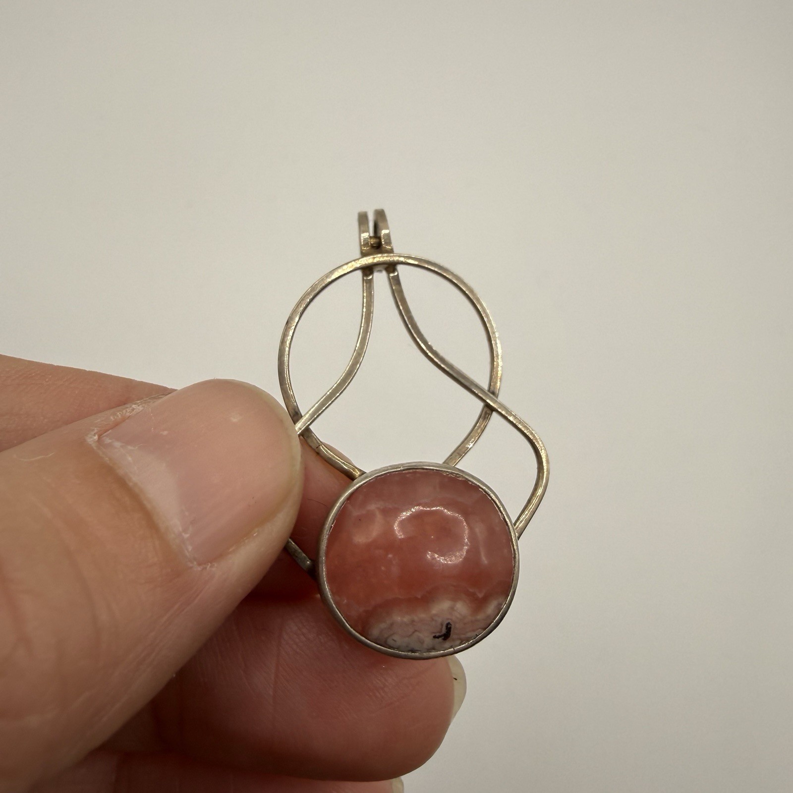 Vintage Sterling Silver Pink Stone Pendant Necklace 1.5”
