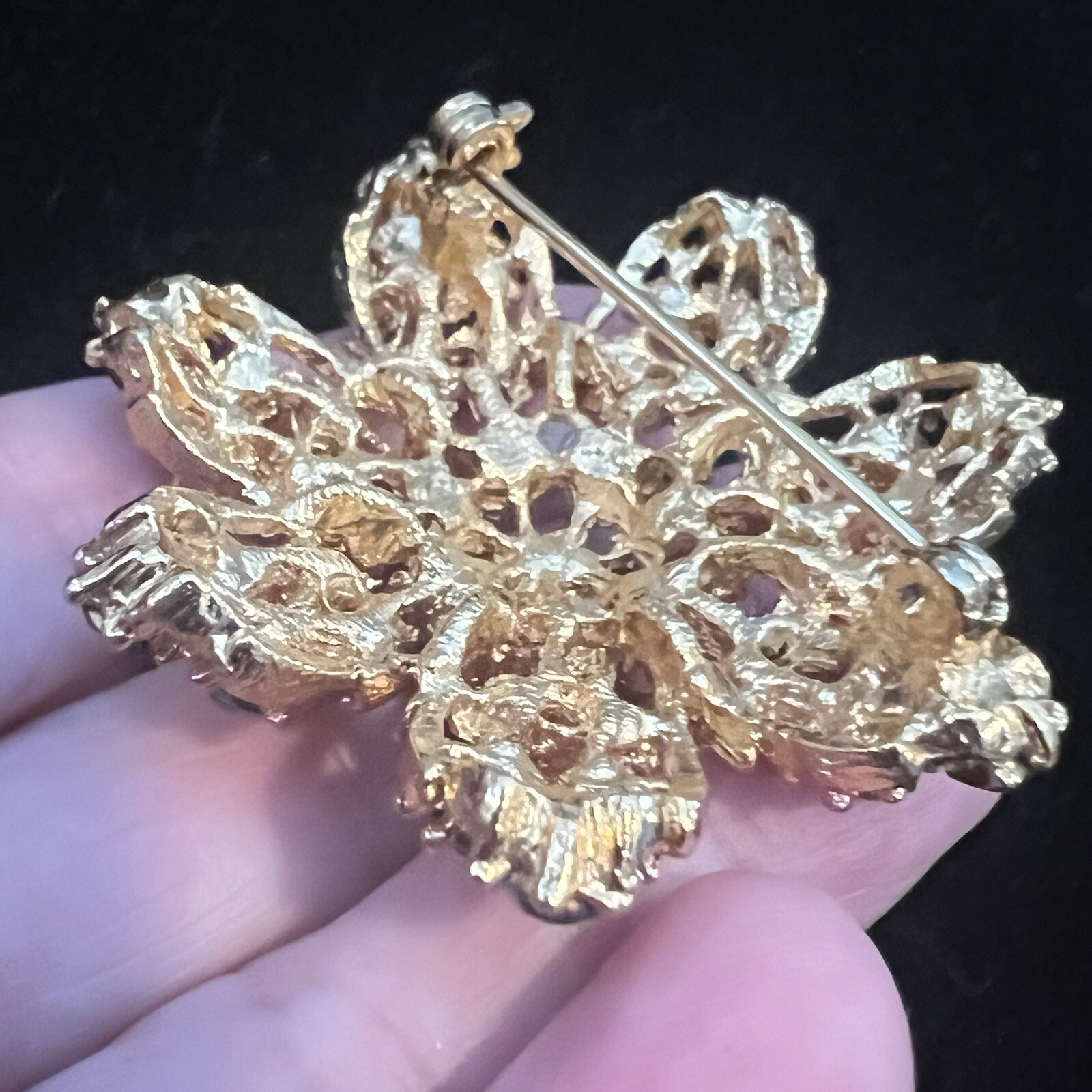 Teal Green And Light Blue Flower Brooch Gold Tone