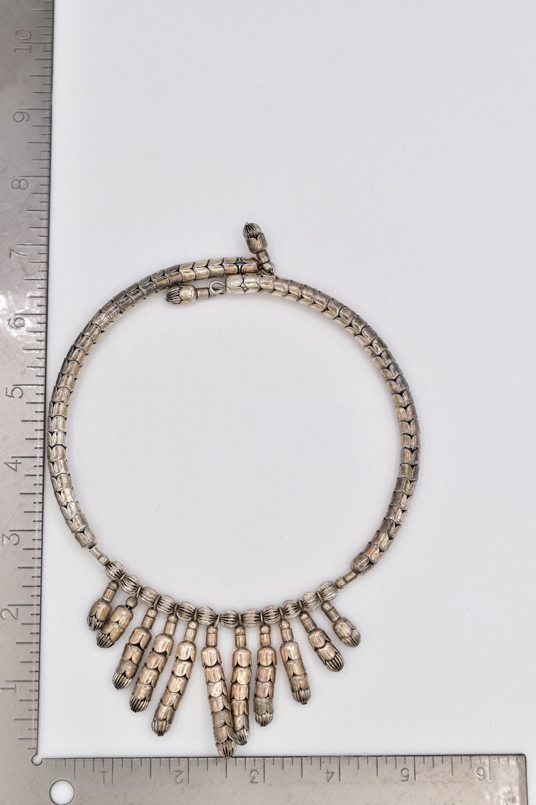 Vintage Silver Choker Fringe Statement Necklace Tribal Dangle Bib 1970s Bin3B