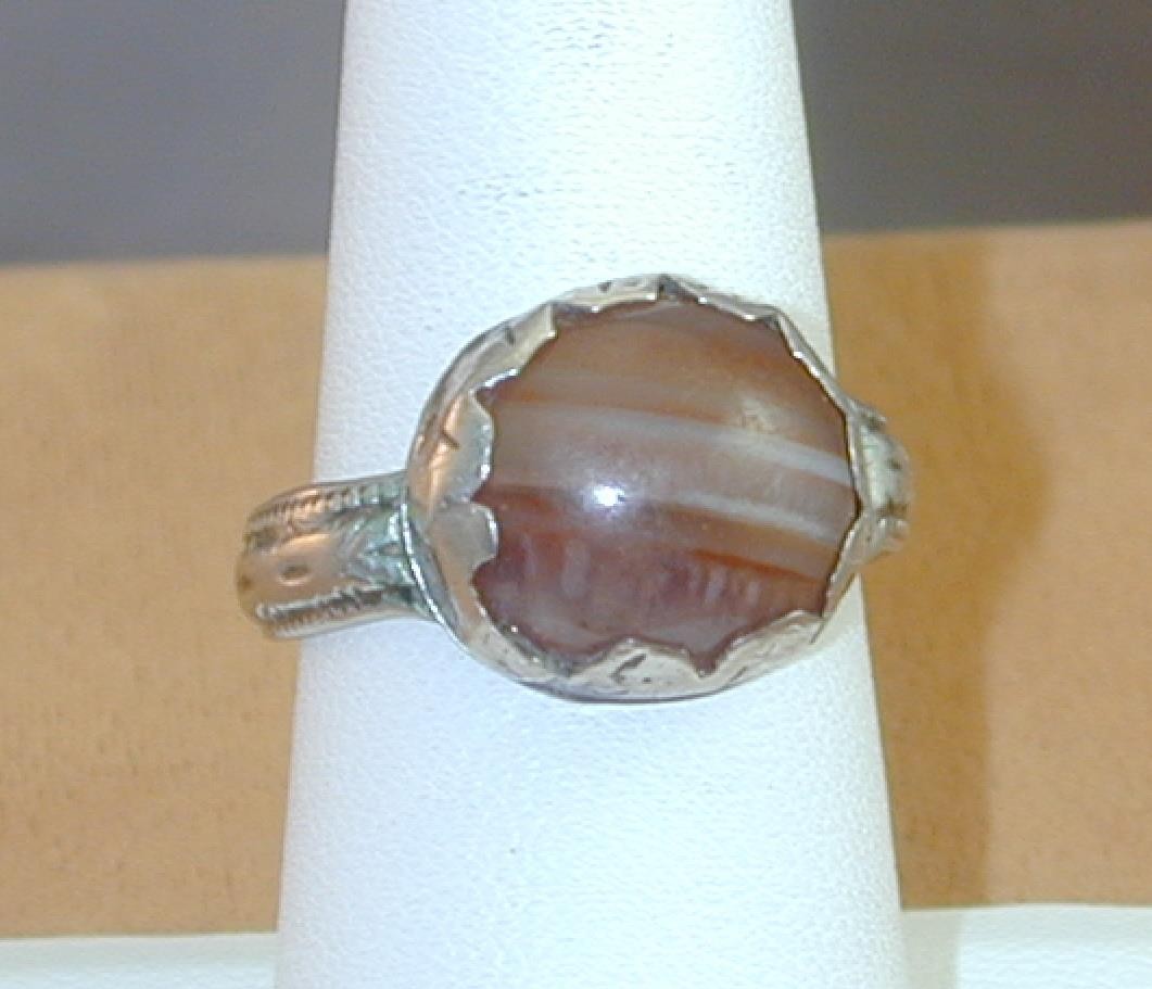 Antique Silver Metal Ring Colorful Banded Agate 7.75