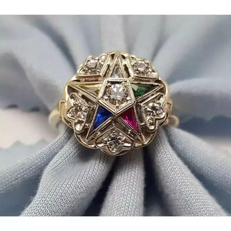 Eastern Star Multi-Color Lab Created Diamond 14K Gold FN Art Deco Wedding Ring