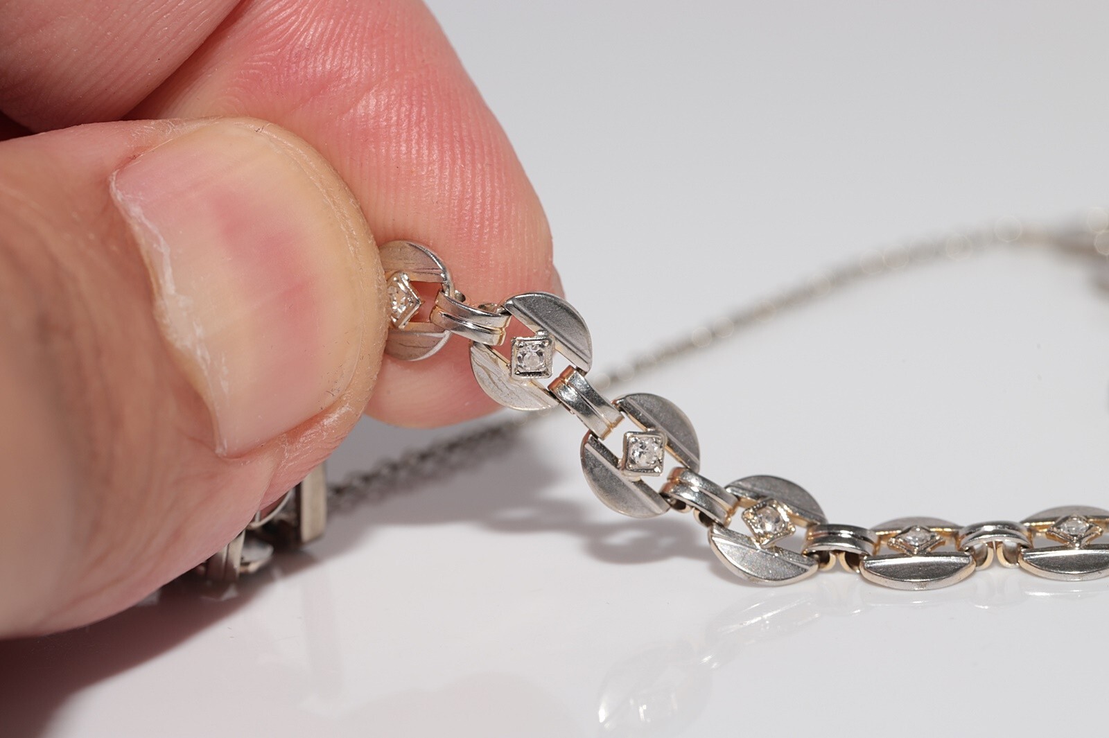 Antique Circa 1920s Art Deco 14k Gold Natural Diamond Decorated Tennis Bracelet
