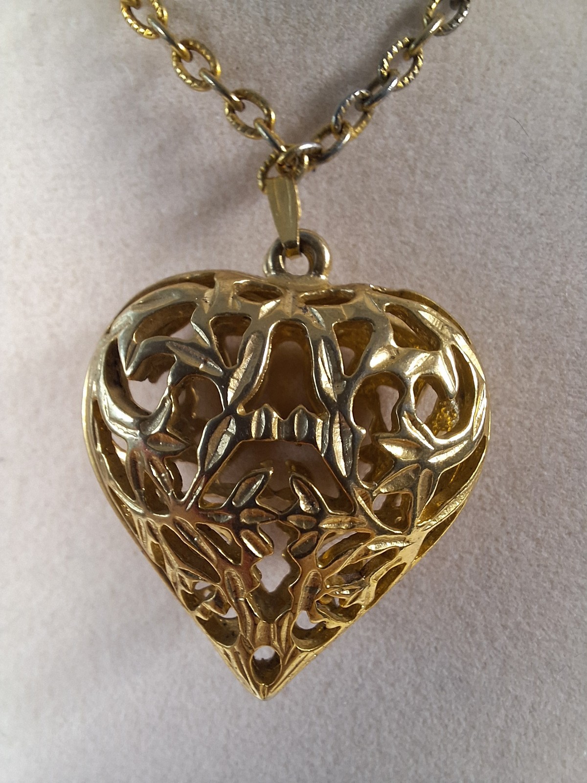 Goldtone Filigree Puff Heart Shape Pendant Necklace