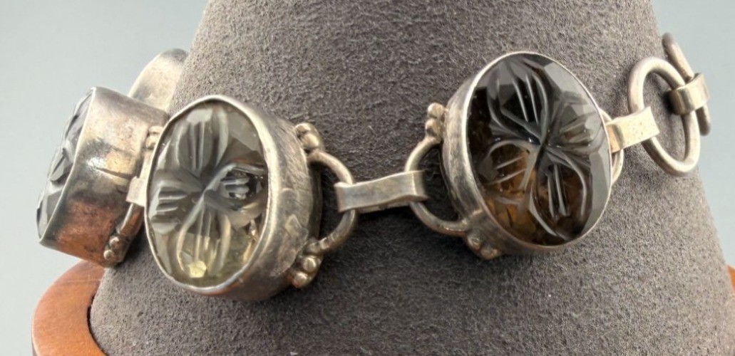 Vintage Bracelet Carved Rock Quartz Sterling Silver Link Crystal Smoky Quartz