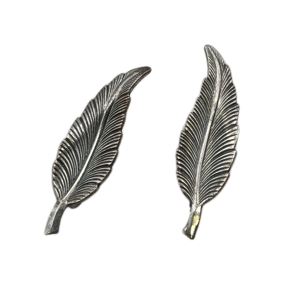 Vintage Silver Tone Bird Feather KIM Signed Etched Hippy Screw Back Boho Earring