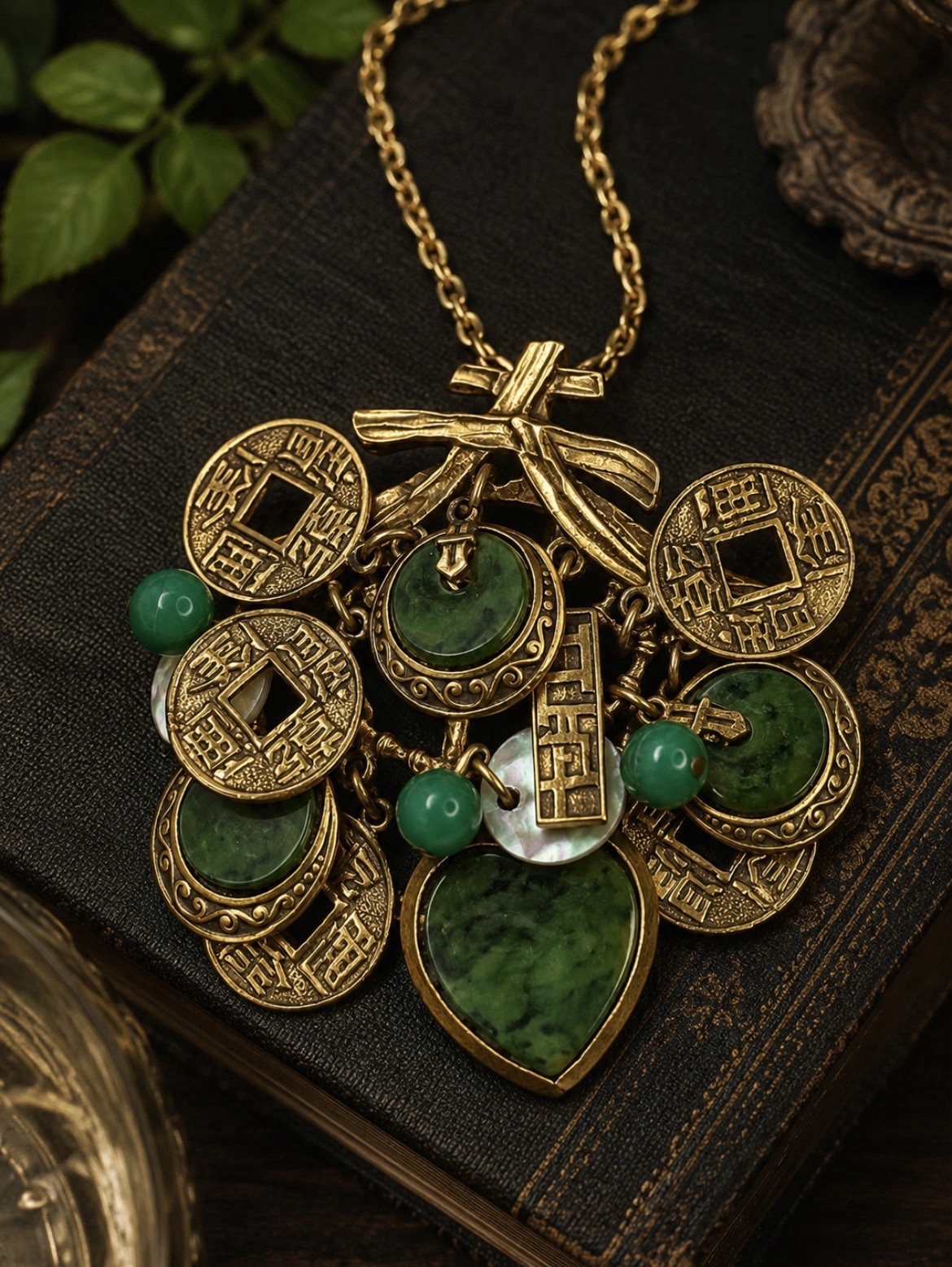 Vtg ART Arthur Pepper Asian Revival Charm Necklace Faux Jade Chinese Coin