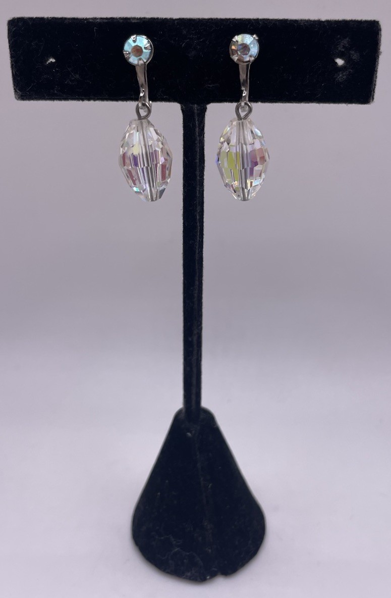 Vintage AB Aurora Borealis Faceted Crystal Drop Dangle Screw Back Earrings