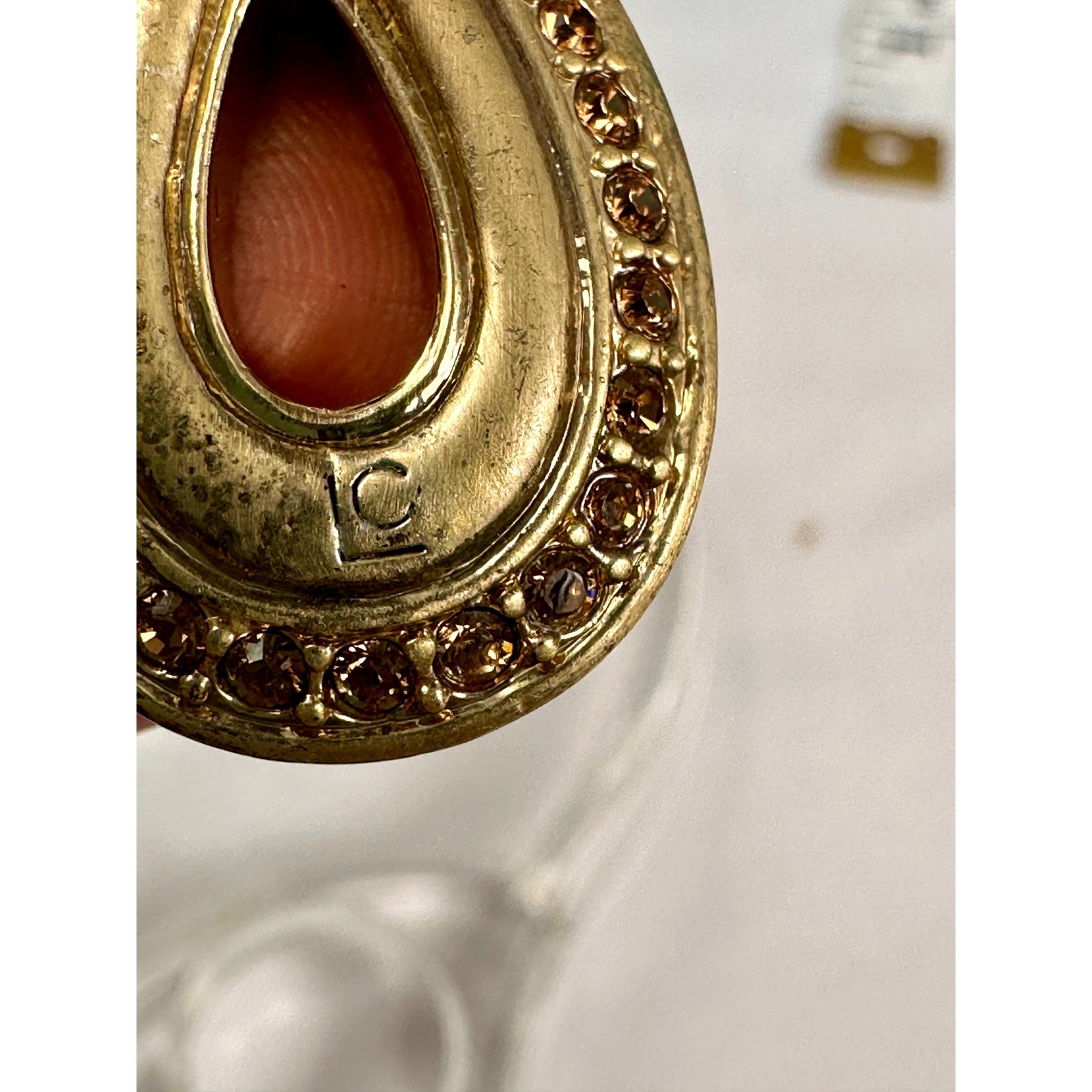 Vintage Liz Claiborne Teardrop Dangle Earrings Amber Resin Rhinestone Gold Tone