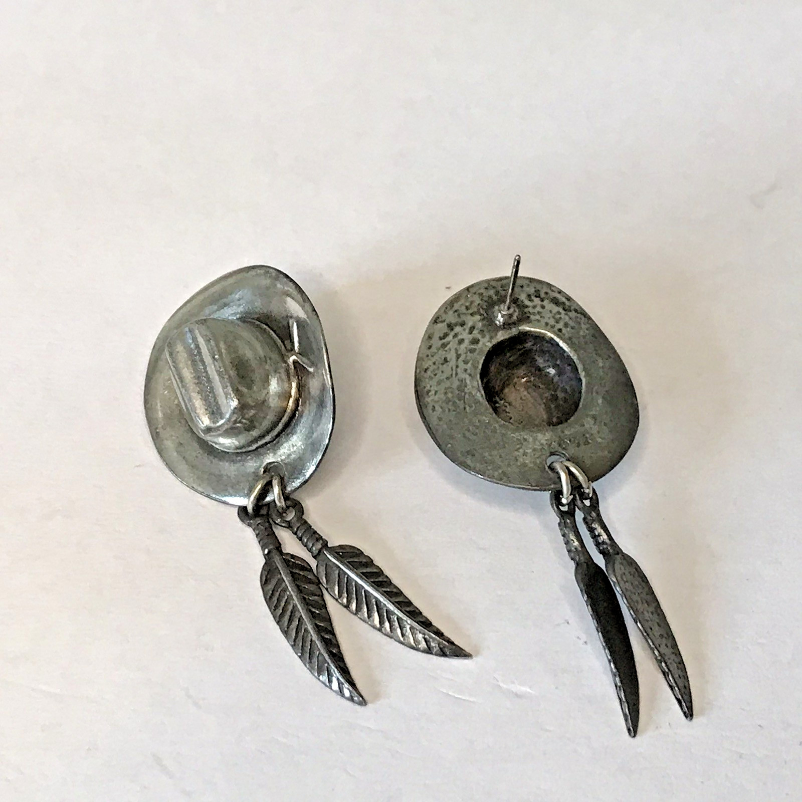 Vintage South Western 1992 Cowboy Hat with Feather Pewter Stud Earrings