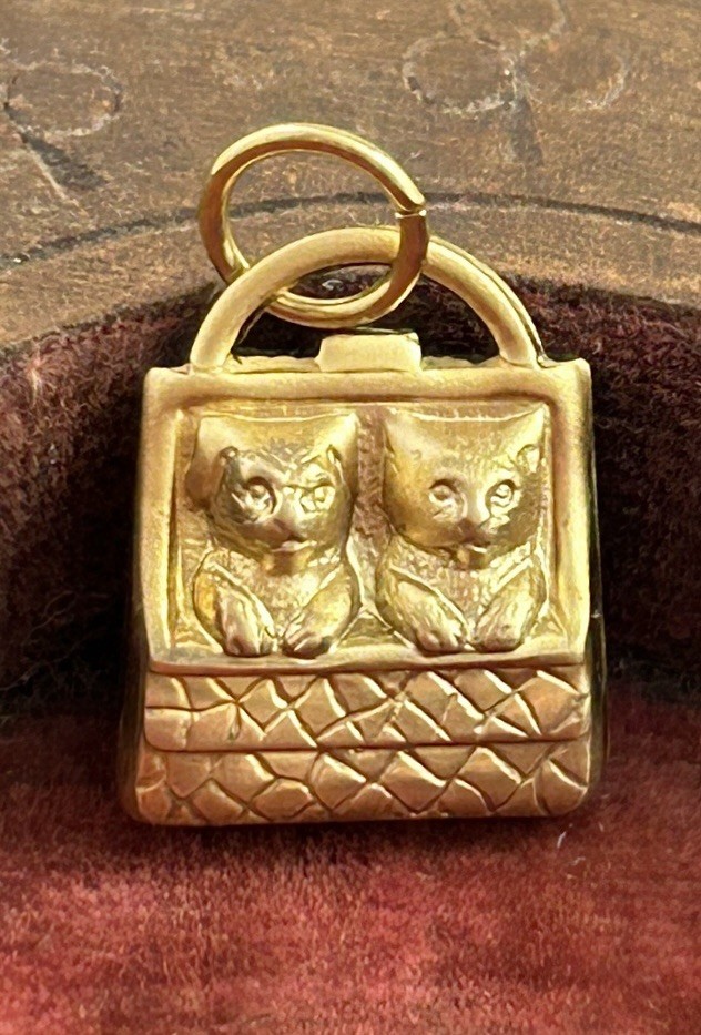 Vintage Charm Kitten Puppy In Purse Vintage Jewelry Raw Brass Stamping Pendant