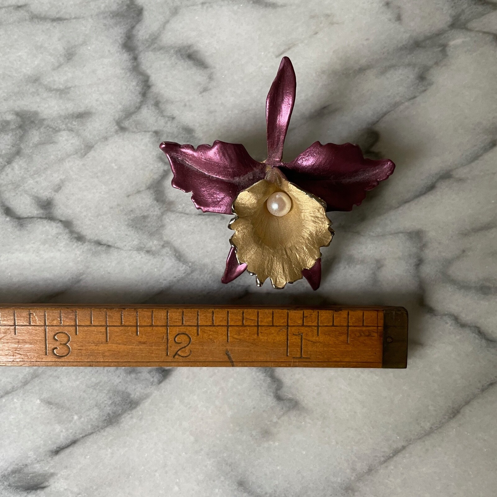Orchid Brooch Purple and Gold Tone With Pearl EUC