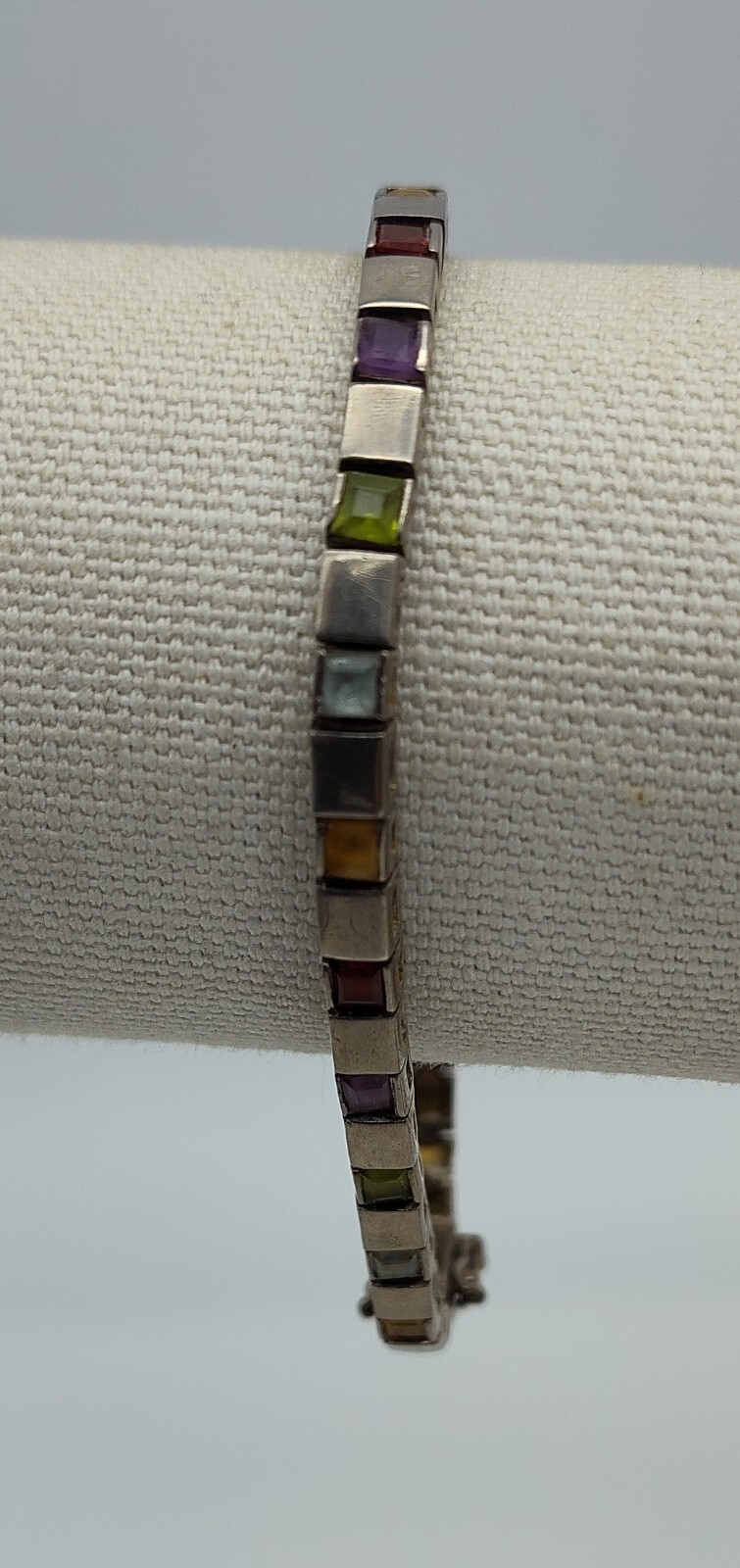 Vintage Modern Square Colorful Stone Mod Link Bracelet Sterling Silver 925 DBJ