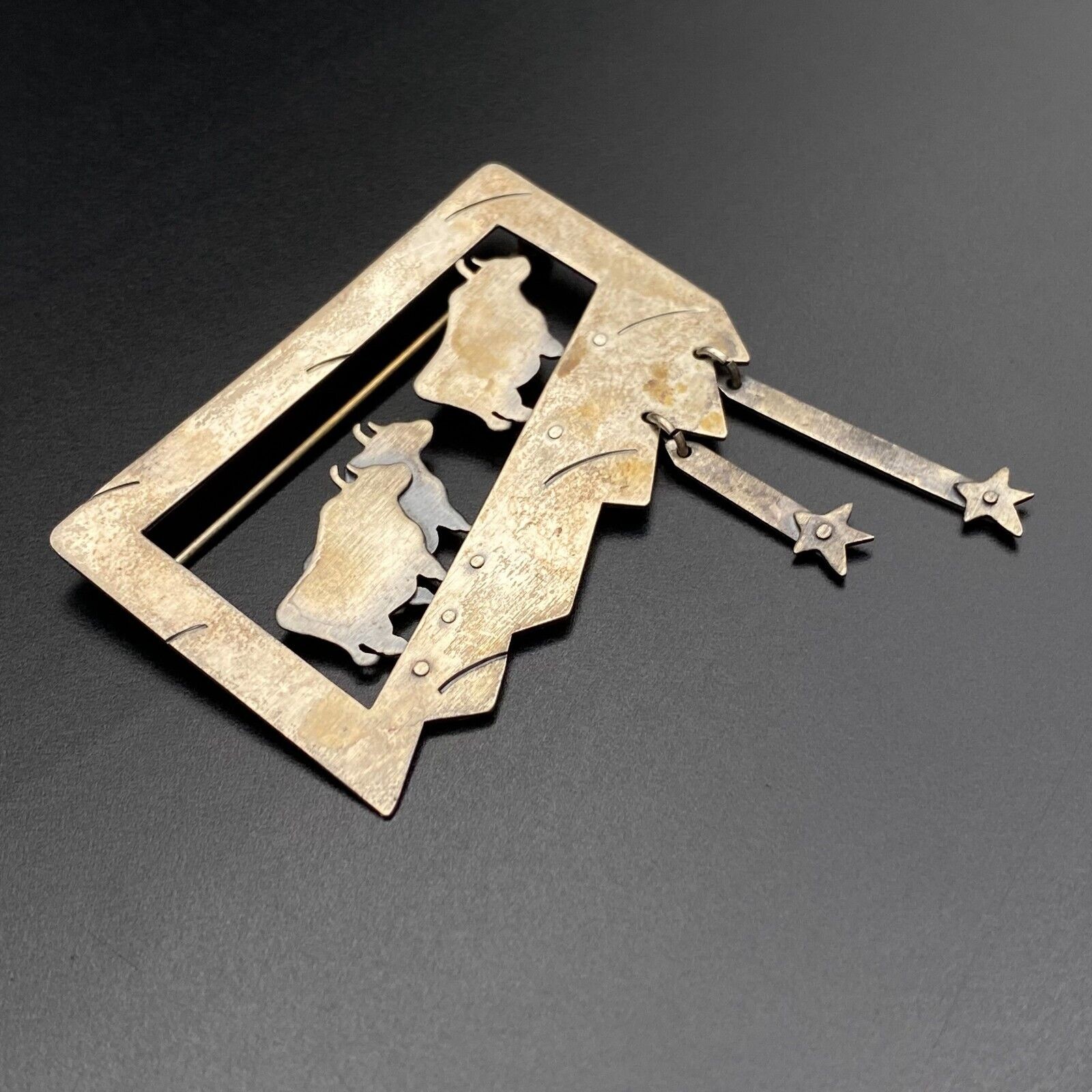 Vintage Modernist Ruth Susan Mahlstedt Cow Stars Sterling Silver Pin Brooch