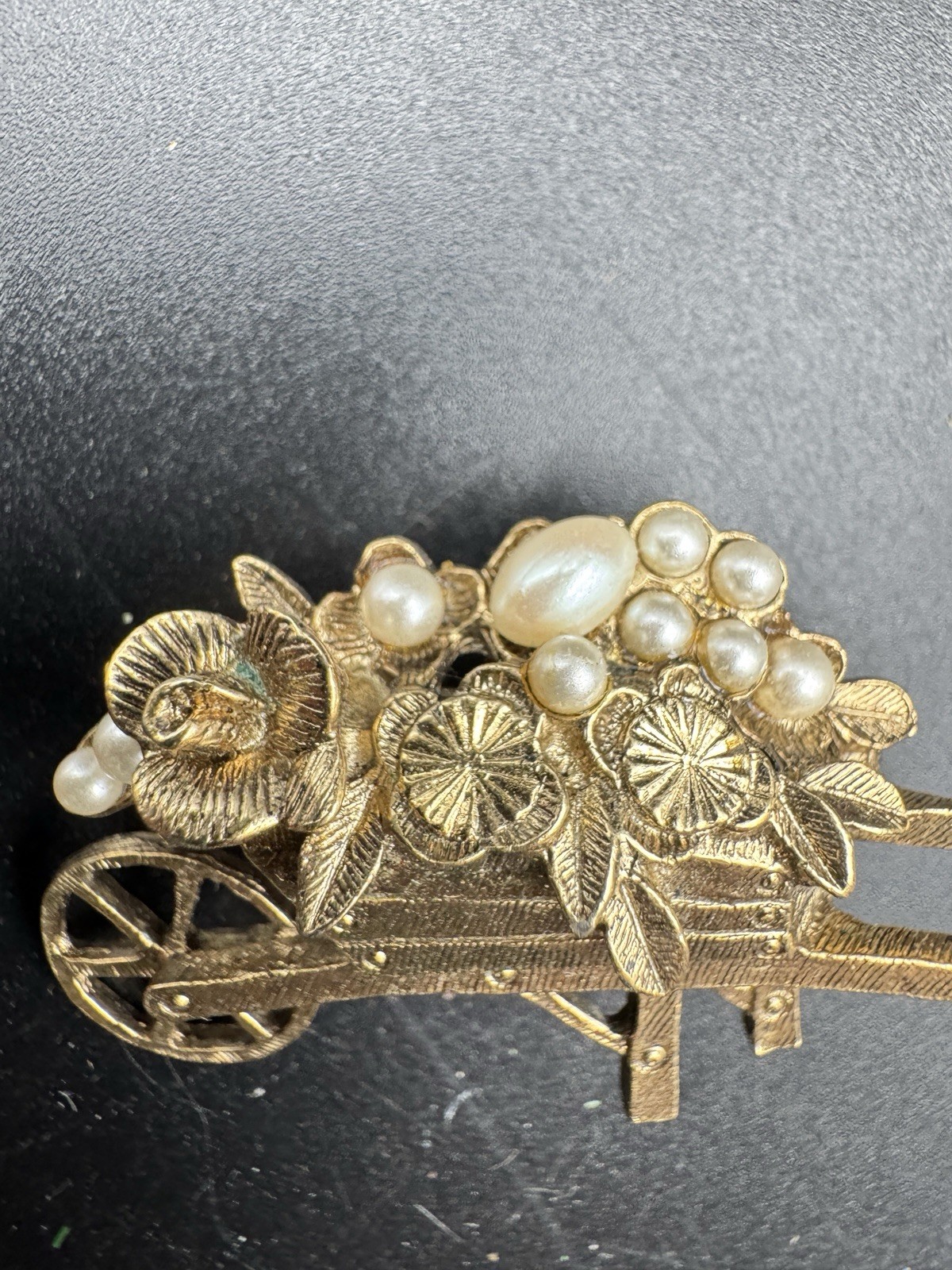 Vintage Flower Cart Brooch Gold Tone Faux Pearl Wheelbarrow Pin Floral