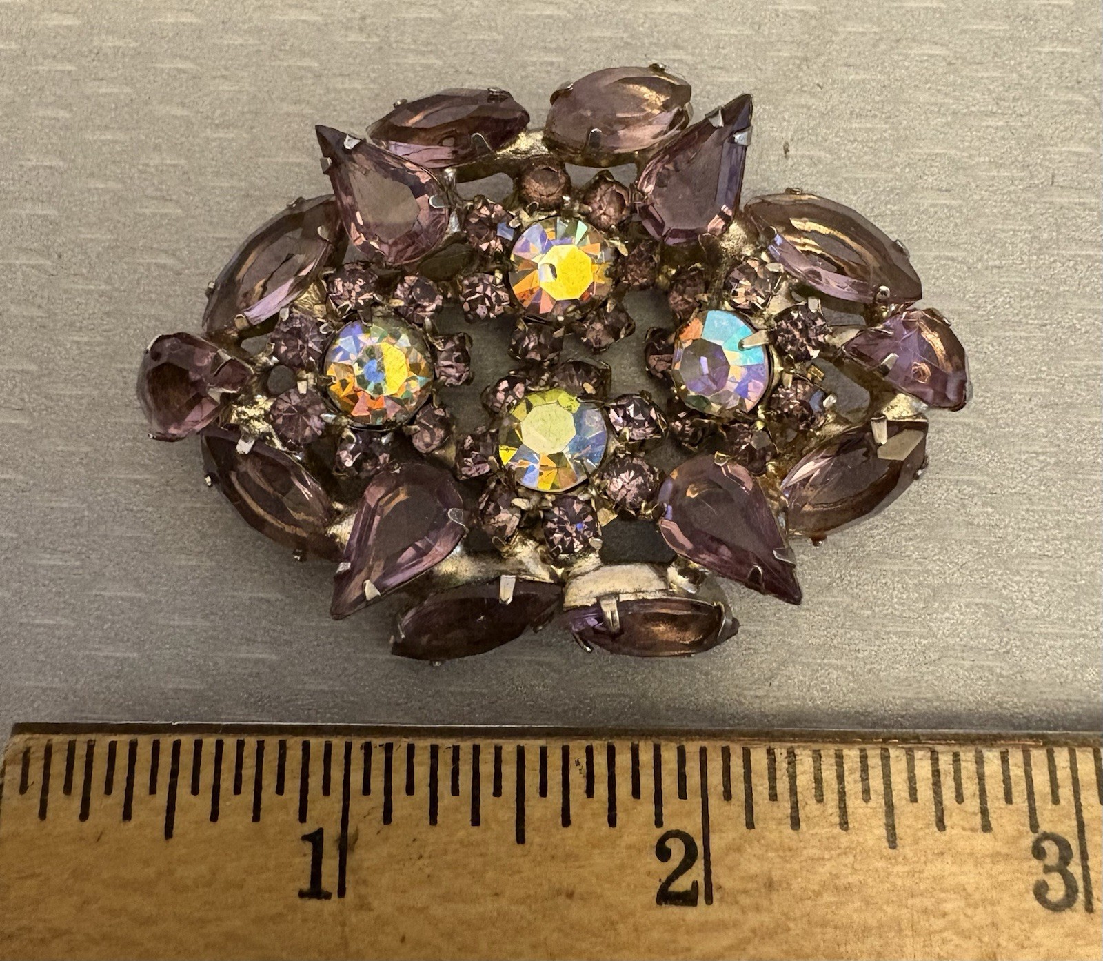 Vintage Smoky Lavendar AB Rhinestone Brooch Open Back Prong Set Cluster unsigned