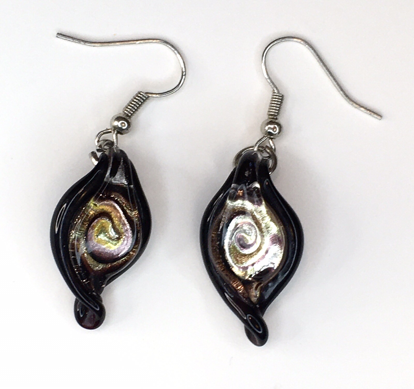 Art Glass Dangle Drop Earrings Black Purple & Yellow
