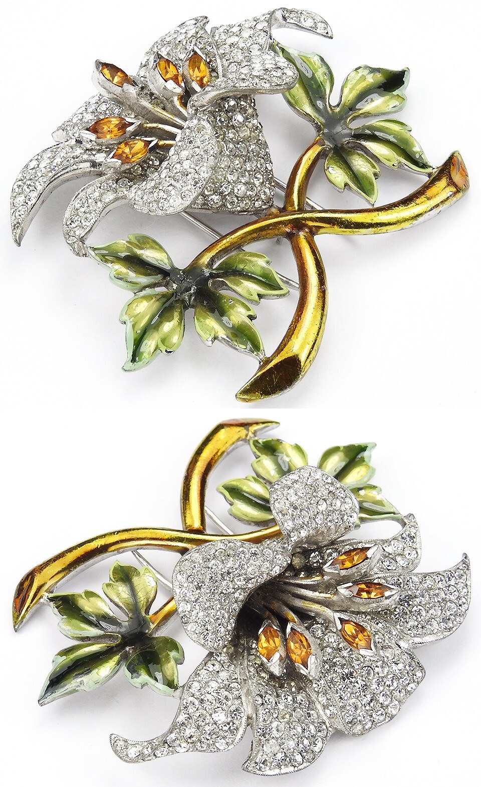 Dujay Pave and Metallic Enamel Orchid with Topaz Stamens Flower Pin Clip