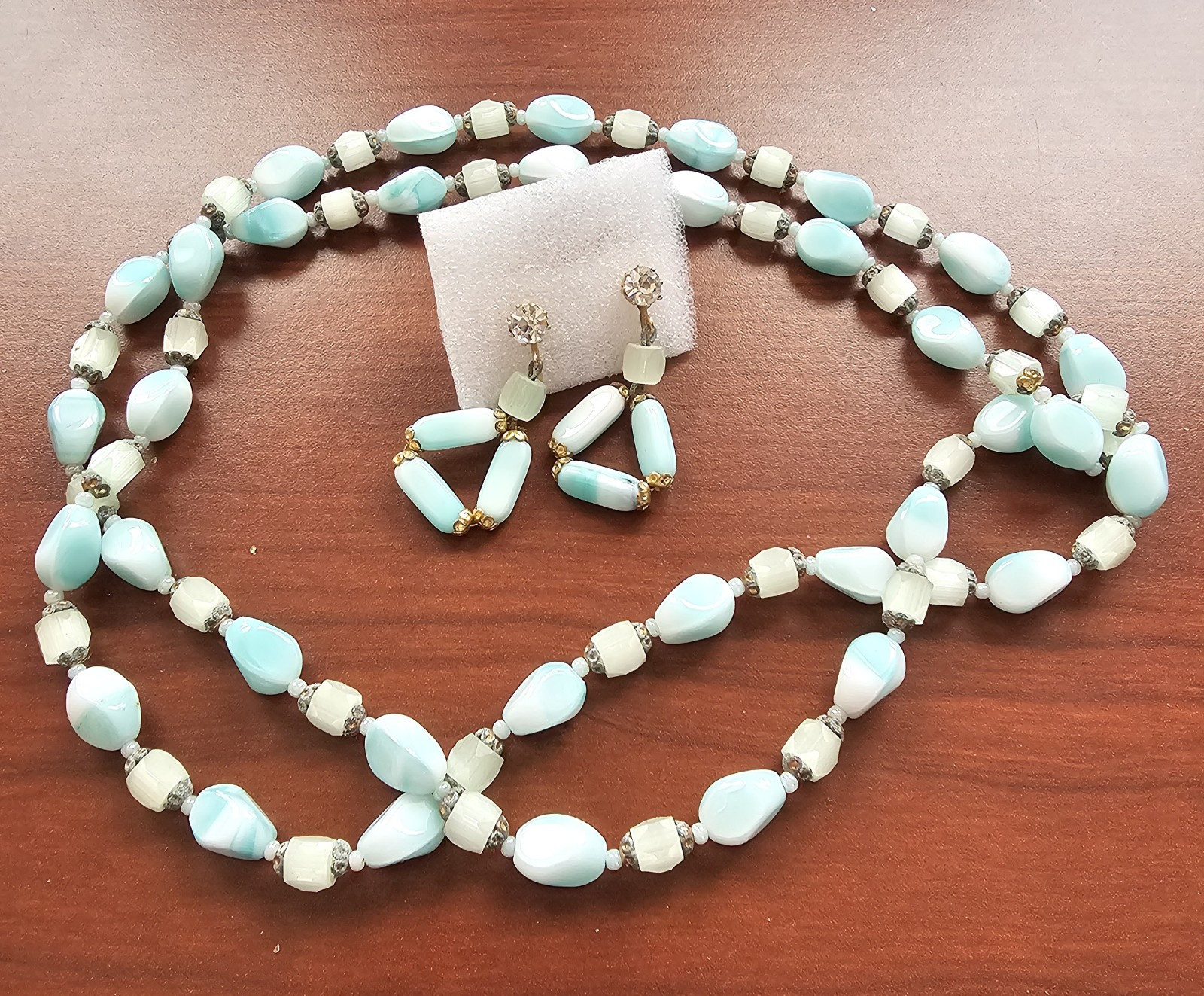 Vintage Aqua Color Glass Bead Necklace and Clip On Earrings