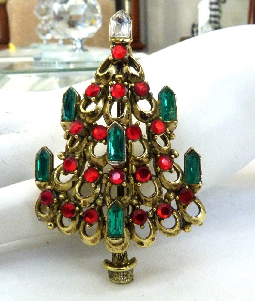 VINTAGE HOLLYCRAFT MCM CANDLES RED GREEN RHINESTONE ORNAMENTS CHRISTMAS TREE PIN
