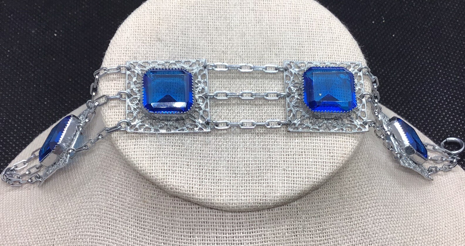 Antique Slver Tone Costume Wide Blue Glass Stone Bracelet 8″ C566
