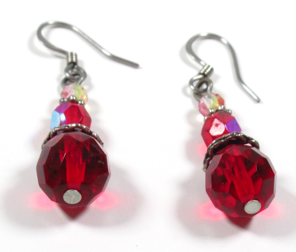 Vintage Red Faceted Bead Dangle Earrings Silver Tone Hook