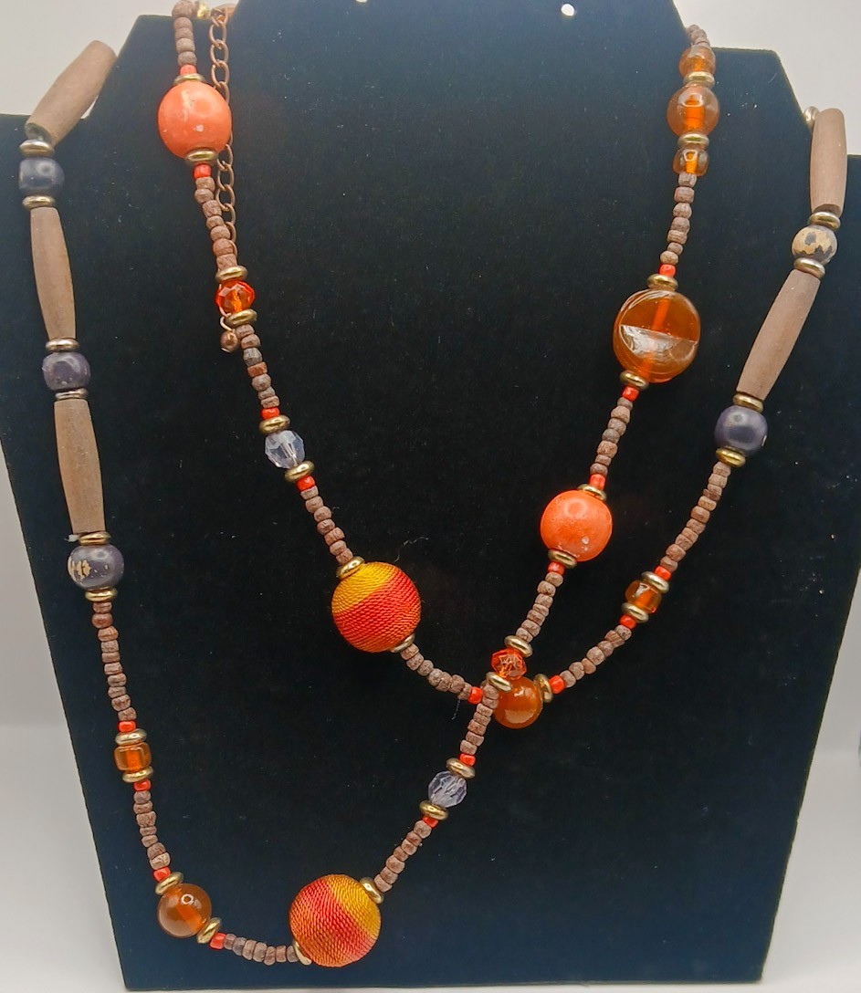 Vintage Boho Multi Strand Necklace Wood Thread Wrapped Bead Amber Orange Fall