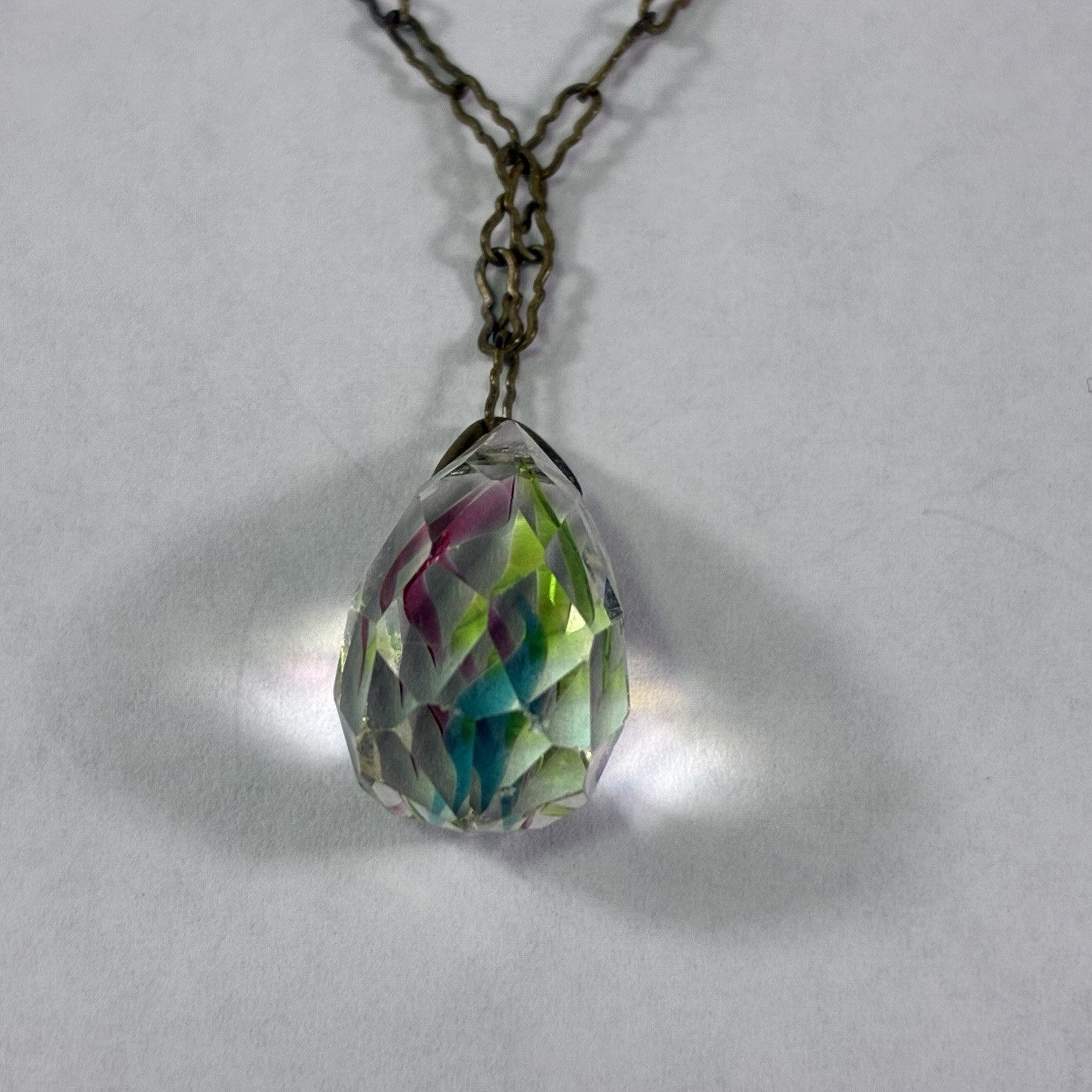 Vintage Czech Art Deco Iris Bicone Glass Rainbow Necklace Dangle Antique