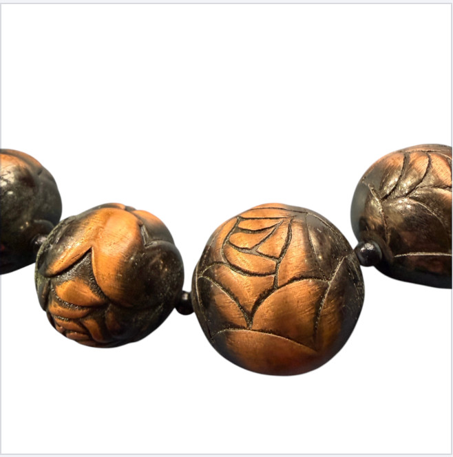 Vintage Brass Carved Bead Necklace Chunky Boho Statement Copper Tone 22″